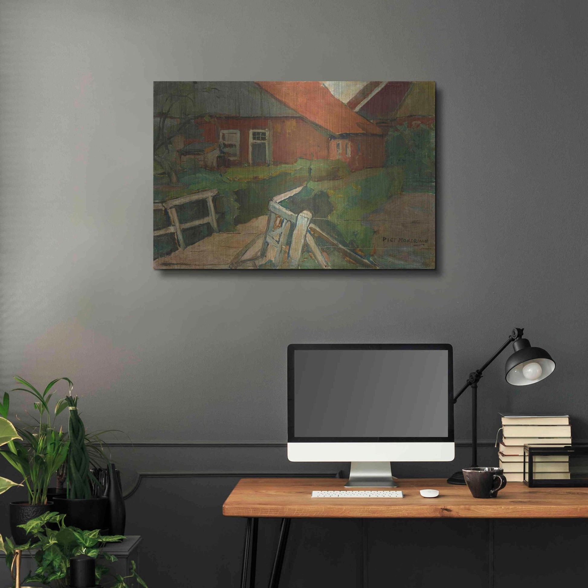 Luxe Metal Art 'Farm Building With Bridge, 1899' by Piet Mondrian, Metal Wall Art,36x24