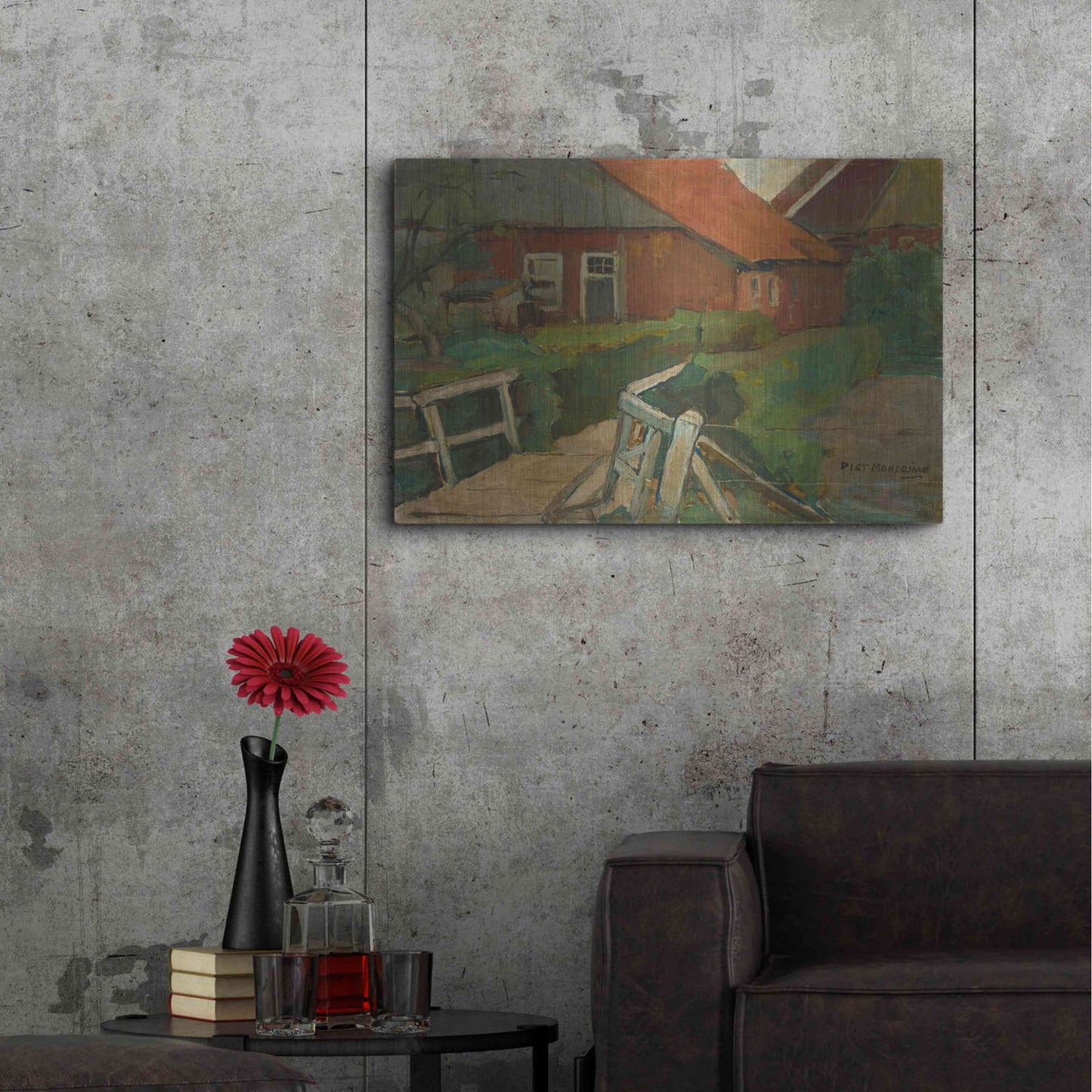 Luxe Metal Art 'Farm Building With Bridge, 1899' by Piet Mondrian, Metal Wall Art,36x24