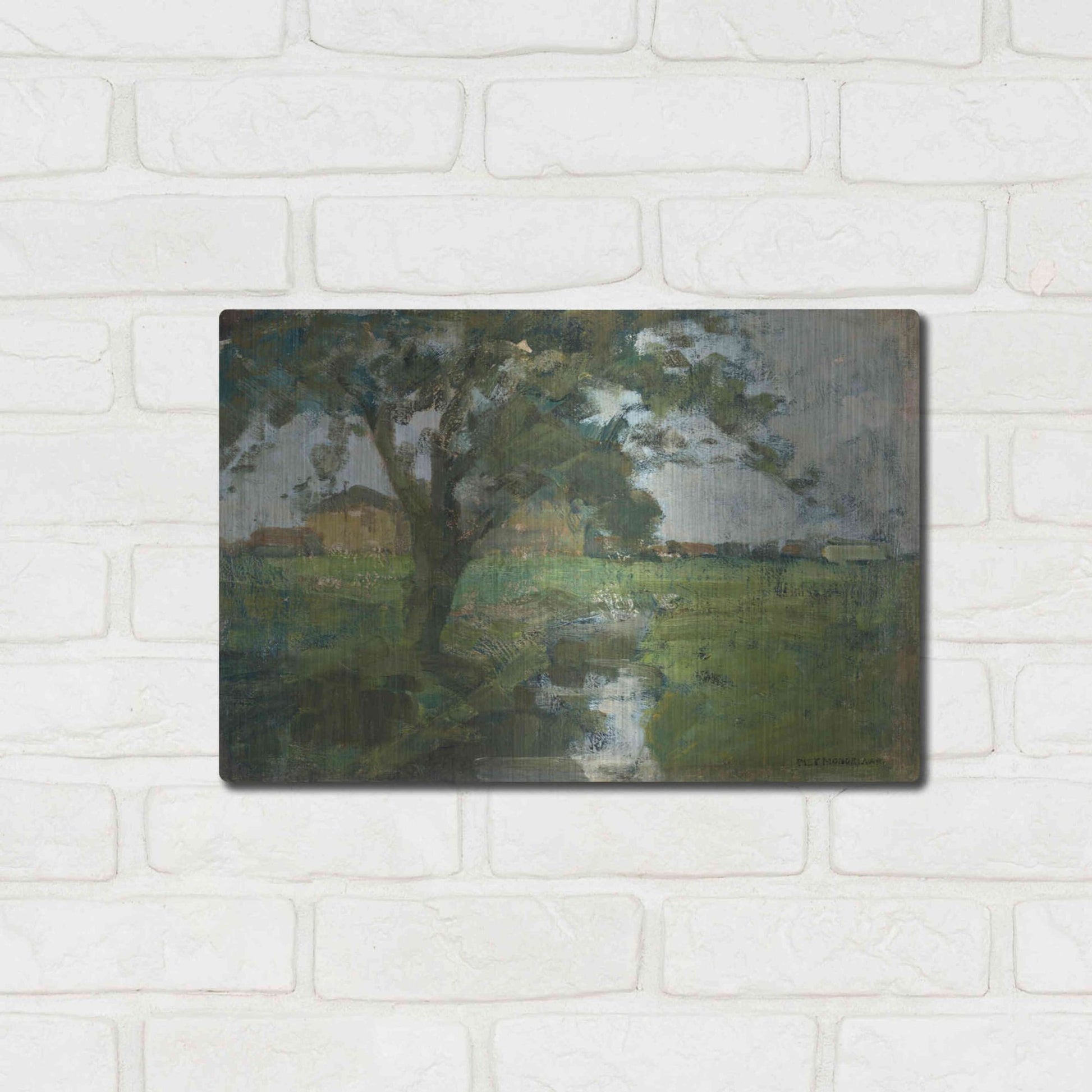 Luxe Metal Art 'Farm Settin with Foreground tree and Irrigation Ditch, 1900' by Piet Mondrian, Metal Wall Art,16x12