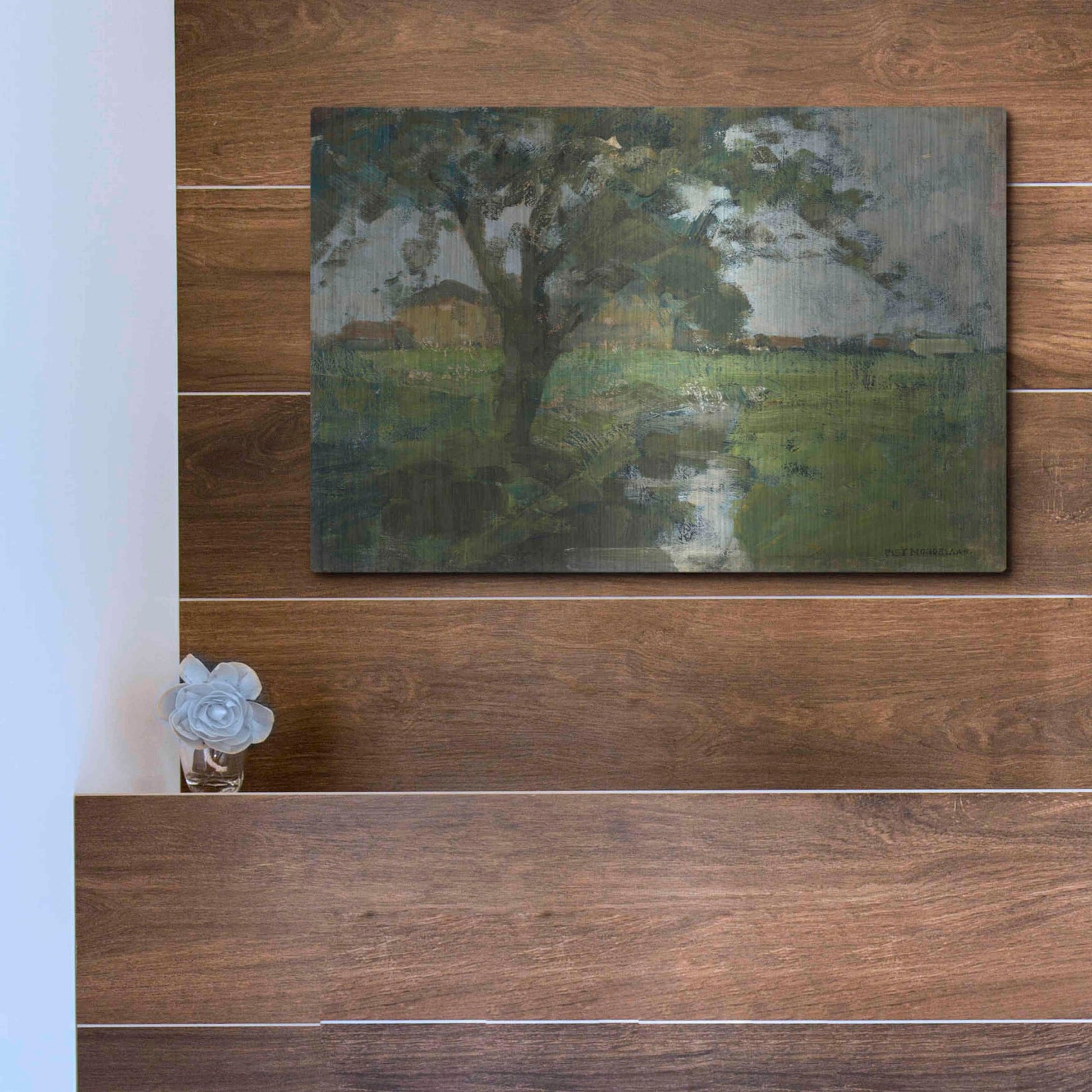 Luxe Metal Art 'Farm Settin with Foreground tree and Irrigation Ditch, 1900' by Piet Mondrian, Metal Wall Art,16x12