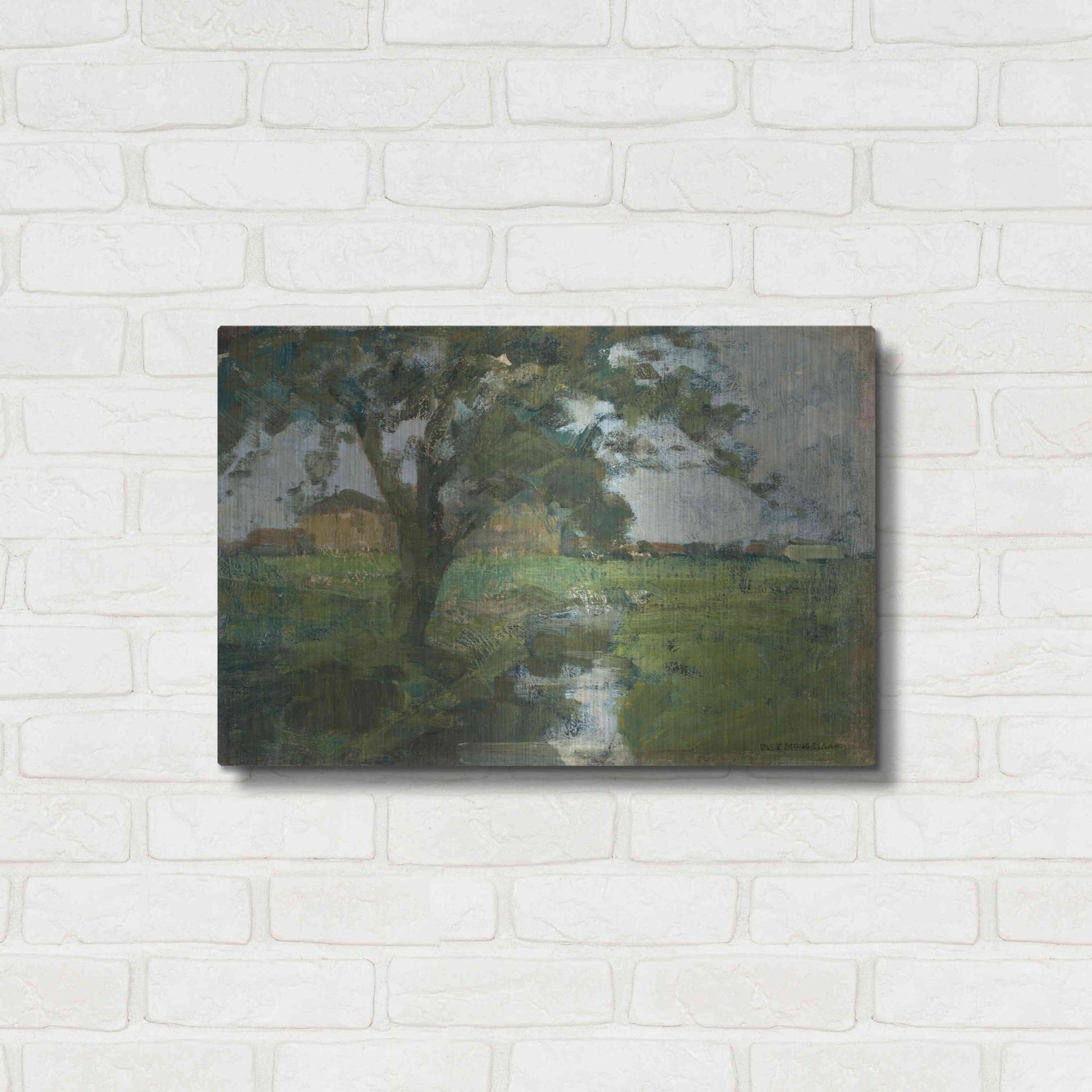 Luxe Metal Art 'Farm Settin with Foreground tree and Irrigation Ditch, 1900' by Piet Mondrian, Metal Wall Art,24x16