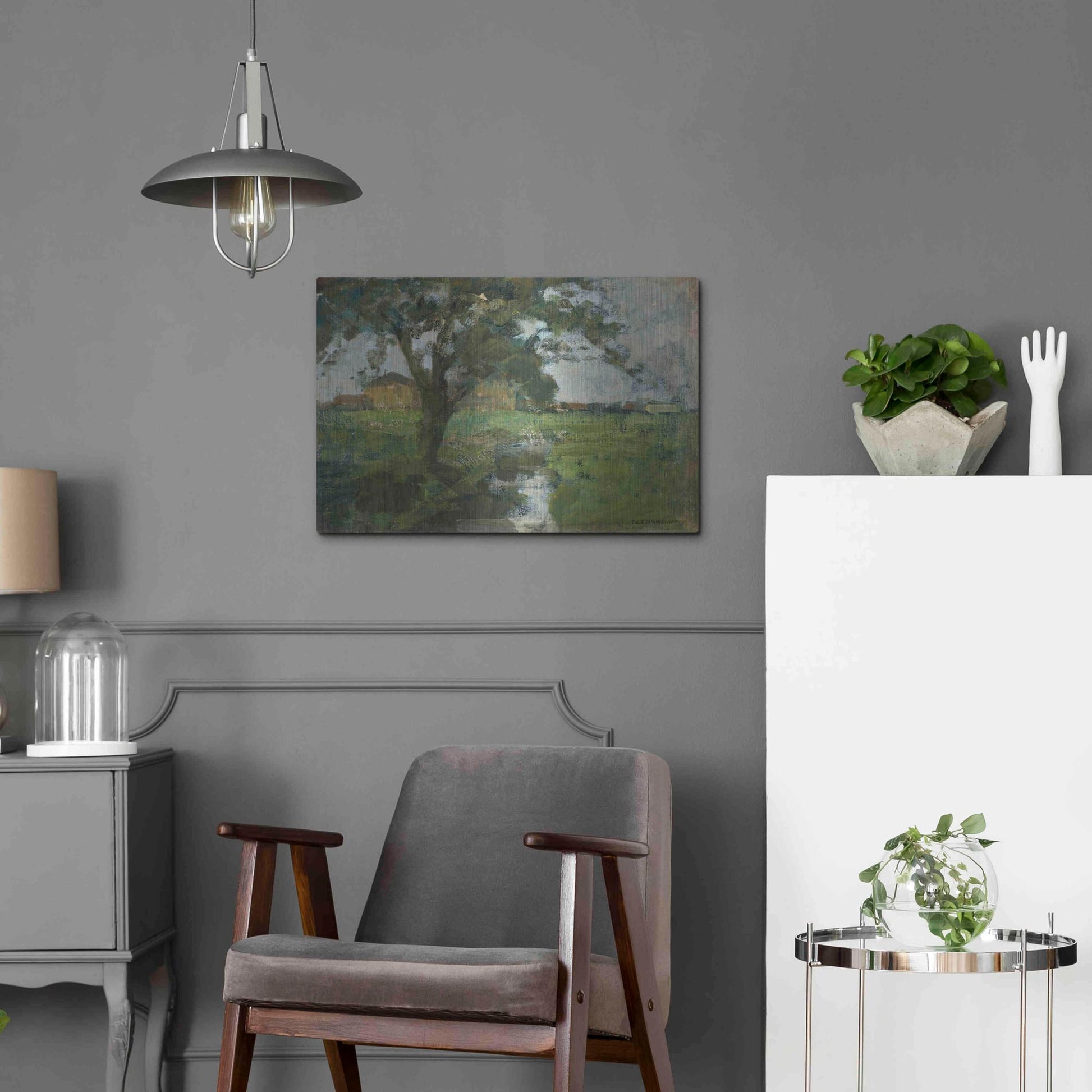 Luxe Metal Art 'Farm Settin with Foreground tree and Irrigation Ditch, 1900' by Piet Mondrian, Metal Wall Art,24x16