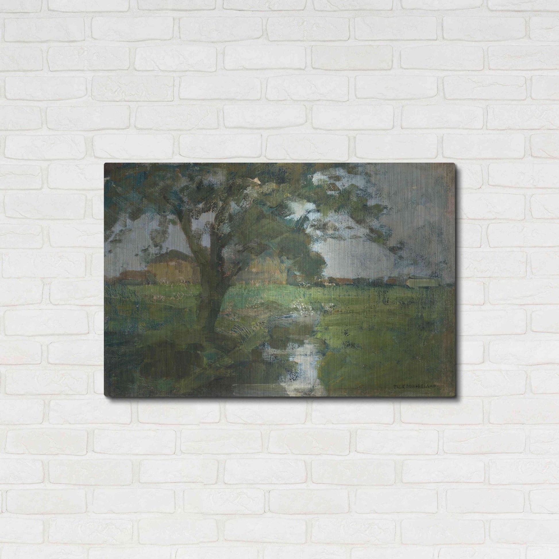 Luxe Metal Art 'Farm Settin with Foreground tree and Irrigation Ditch, 1900' by Piet Mondrian, Metal Wall Art,36x24