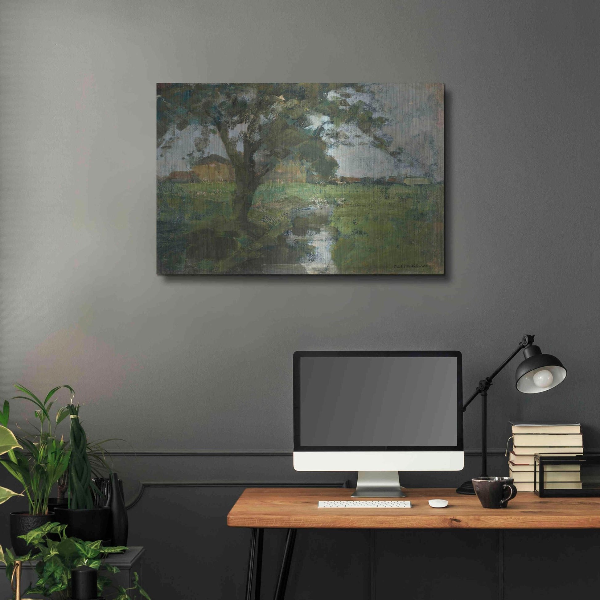 Luxe Metal Art 'Farm Settin with Foreground tree and Irrigation Ditch, 1900' by Piet Mondrian, Metal Wall Art,36x24