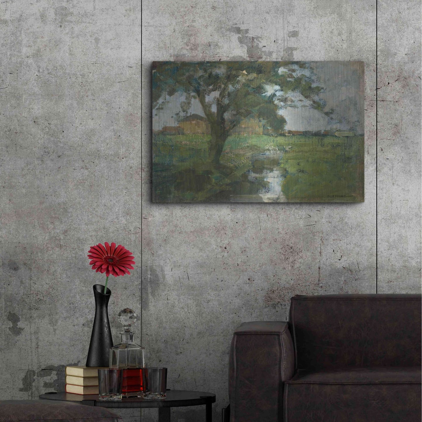 Luxe Metal Art 'Farm Settin with Foreground tree and Irrigation Ditch, 1900' by Piet Mondrian, Metal Wall Art,36x24