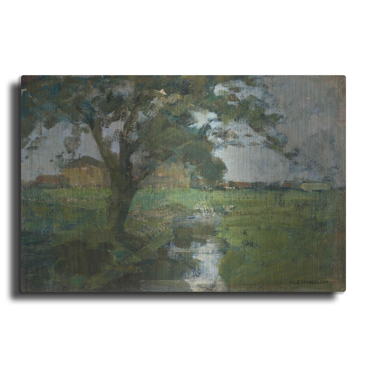 Luxe Metal Art 'Farm Settin with Foreground tree and Irrigation Ditch, 1900' by Piet Mondrian, Metal Wall Art