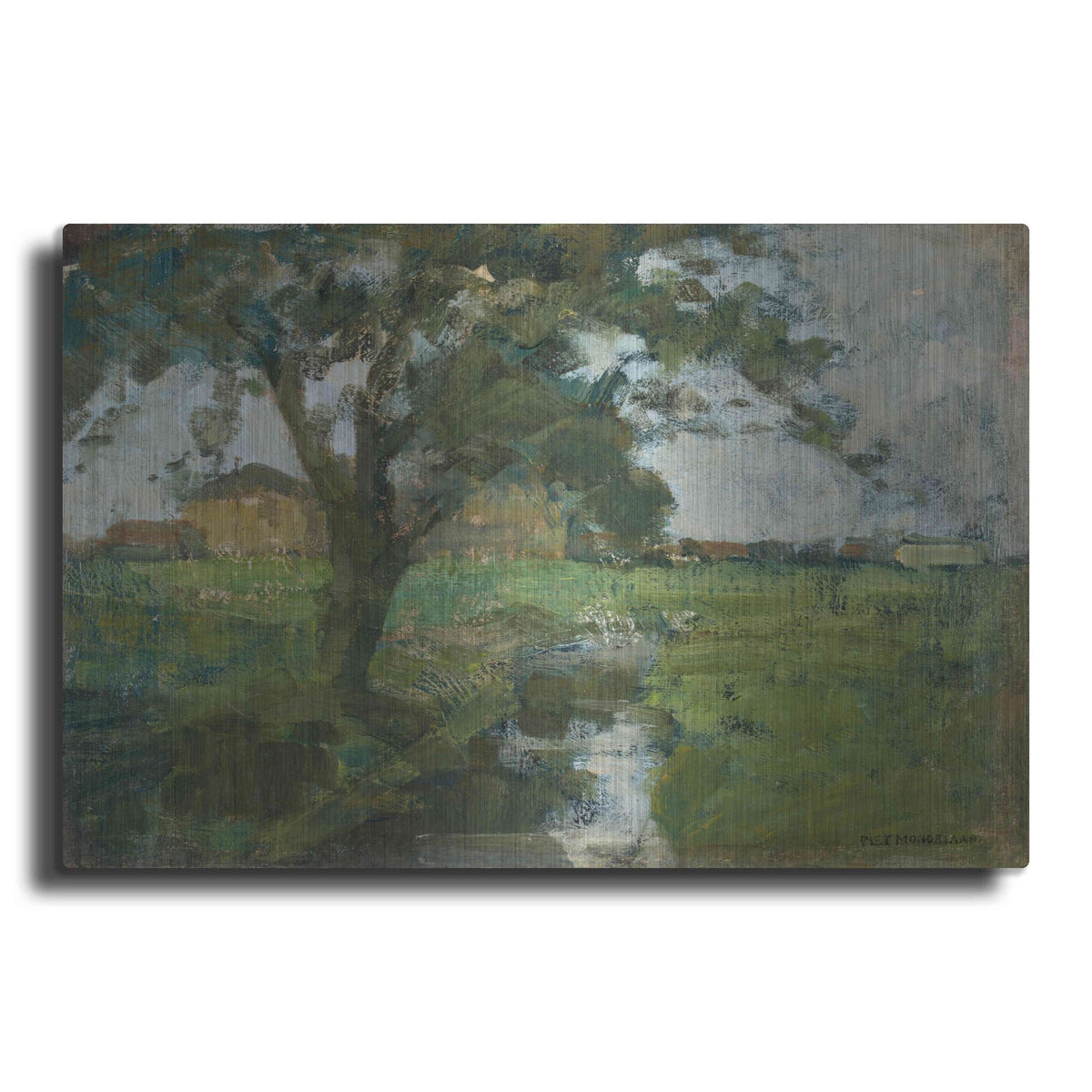 Luxe Metal Art 'Farm Settin with Foreground tree and Irrigation Ditch, 1900' by Piet Mondrian, Metal Wall Art