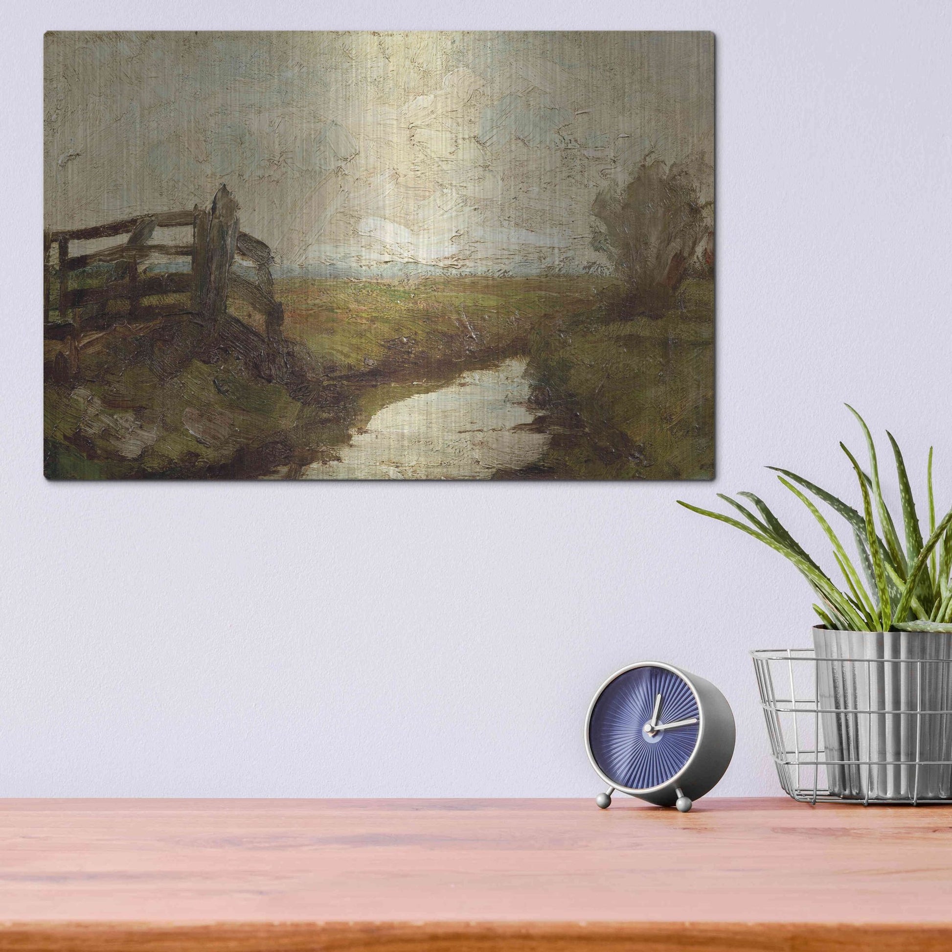 Luxe Metal Art 'Irrigation Ditch with Wood Gate at Left, 1894-1895' by Piet Mondrian, Metal Wall Art,16x12