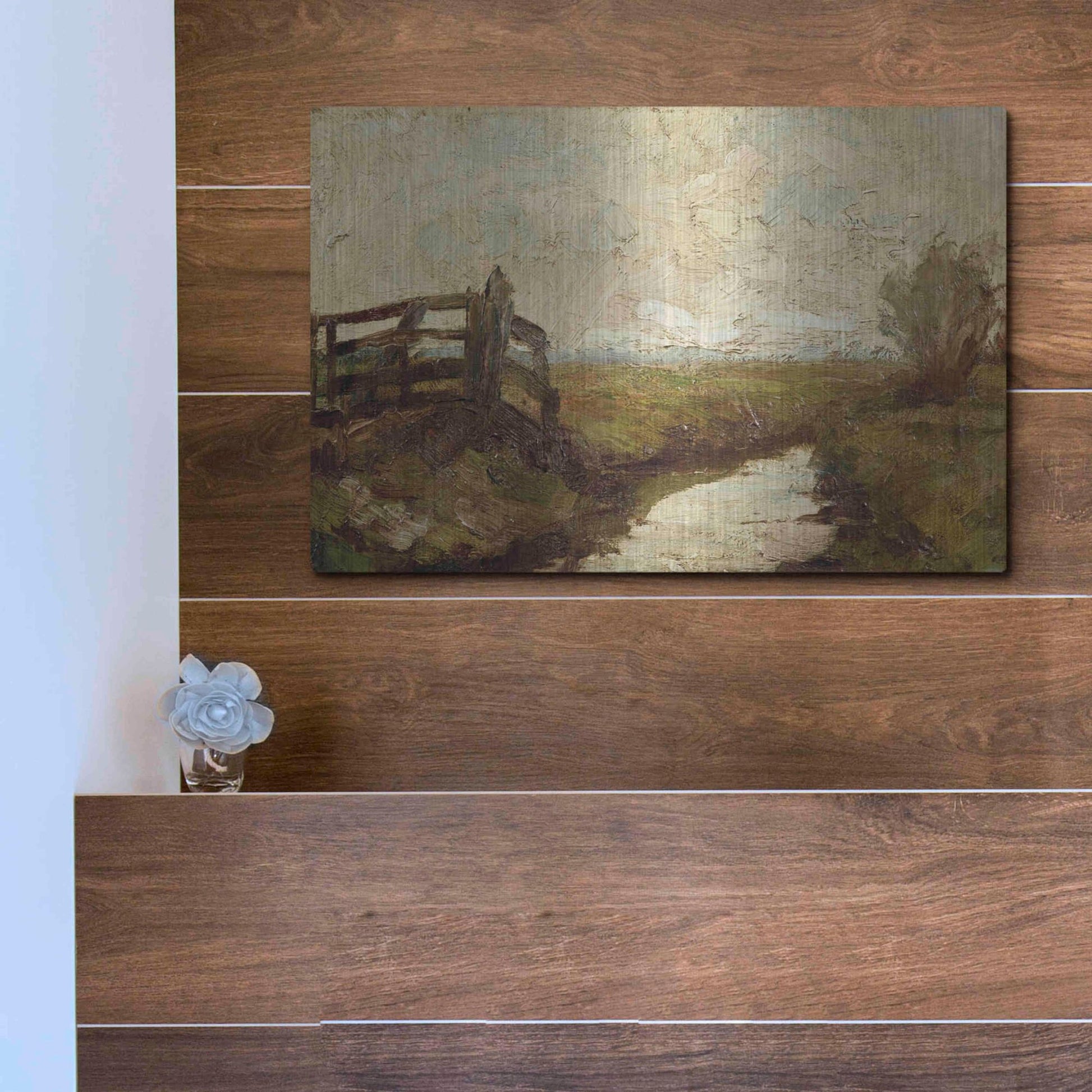 Luxe Metal Art 'Irrigation Ditch with Wood Gate at Left, 1894-1895' by Piet Mondrian, Metal Wall Art,16x12