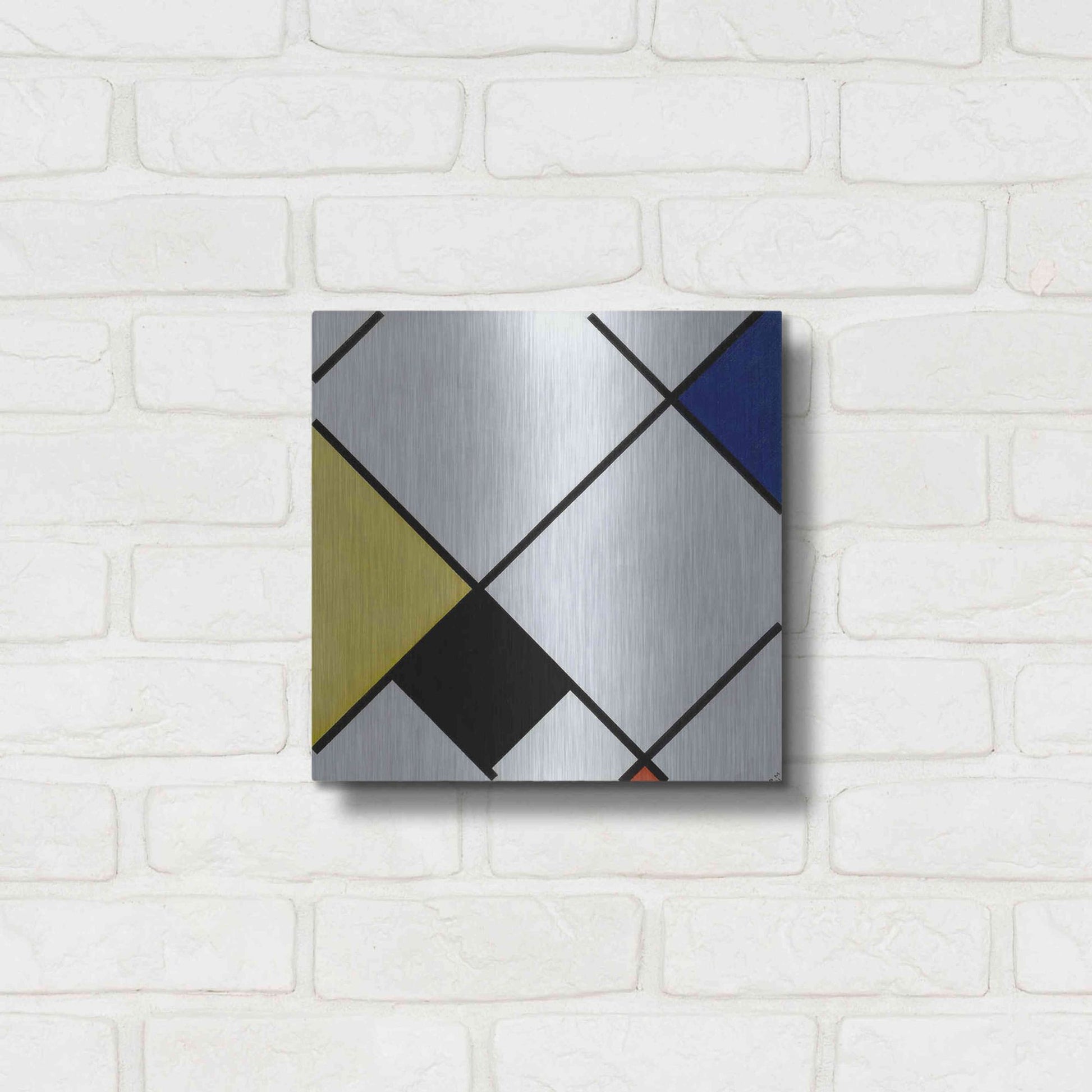 Luxe Metal Art 'Lozenge Composition with Yellow, Black, Blue, Red, and Gray, 1921' by Piet Mondrian, Metal Wall Art,12x12