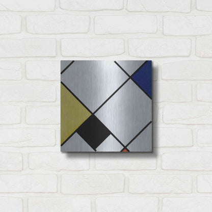 Luxe Metal Art 'Lozenge Composition with Yellow, Black, Blue, Red, and Gray, 1921' by Piet Mondrian, Metal Wall Art,12x12