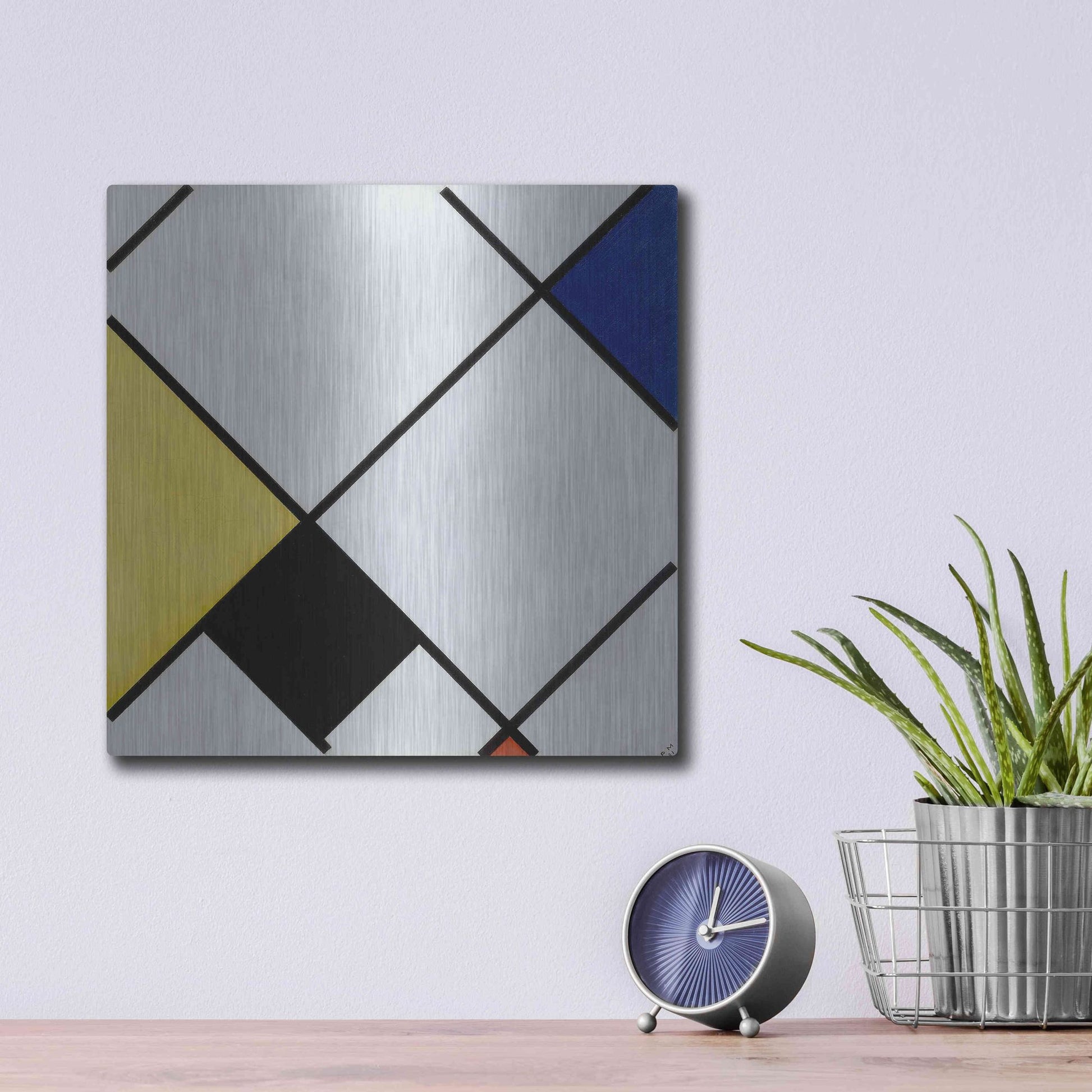 Luxe Metal Art 'Lozenge Composition with Yellow, Black, Blue, Red, and Gray, 1921' by Piet Mondrian, Metal Wall Art,12x12
