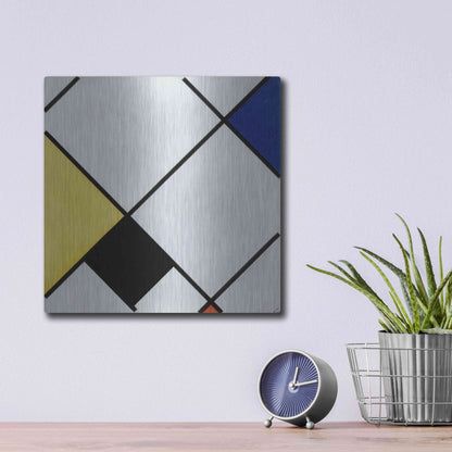 Luxe Metal Art 'Lozenge Composition with Yellow, Black, Blue, Red, and Gray, 1921' by Piet Mondrian, Metal Wall Art,12x12
