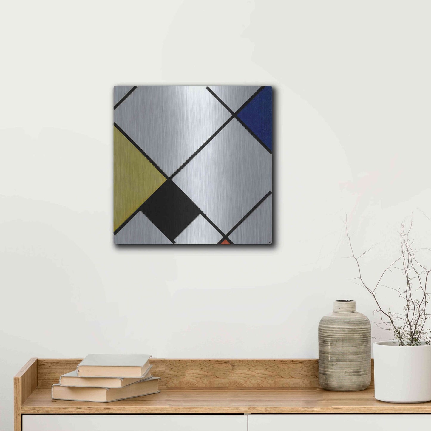 Luxe Metal Art 'Lozenge Composition with Yellow, Black, Blue, Red, and Gray, 1921' by Piet Mondrian, Metal Wall Art,12x12