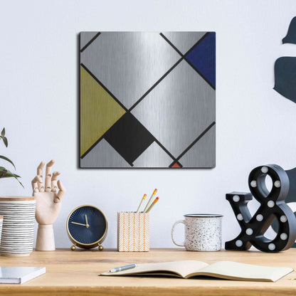 Luxe Metal Art 'Lozenge Composition with Yellow, Black, Blue, Red, and Gray, 1921' by Piet Mondrian, Metal Wall Art,12x12