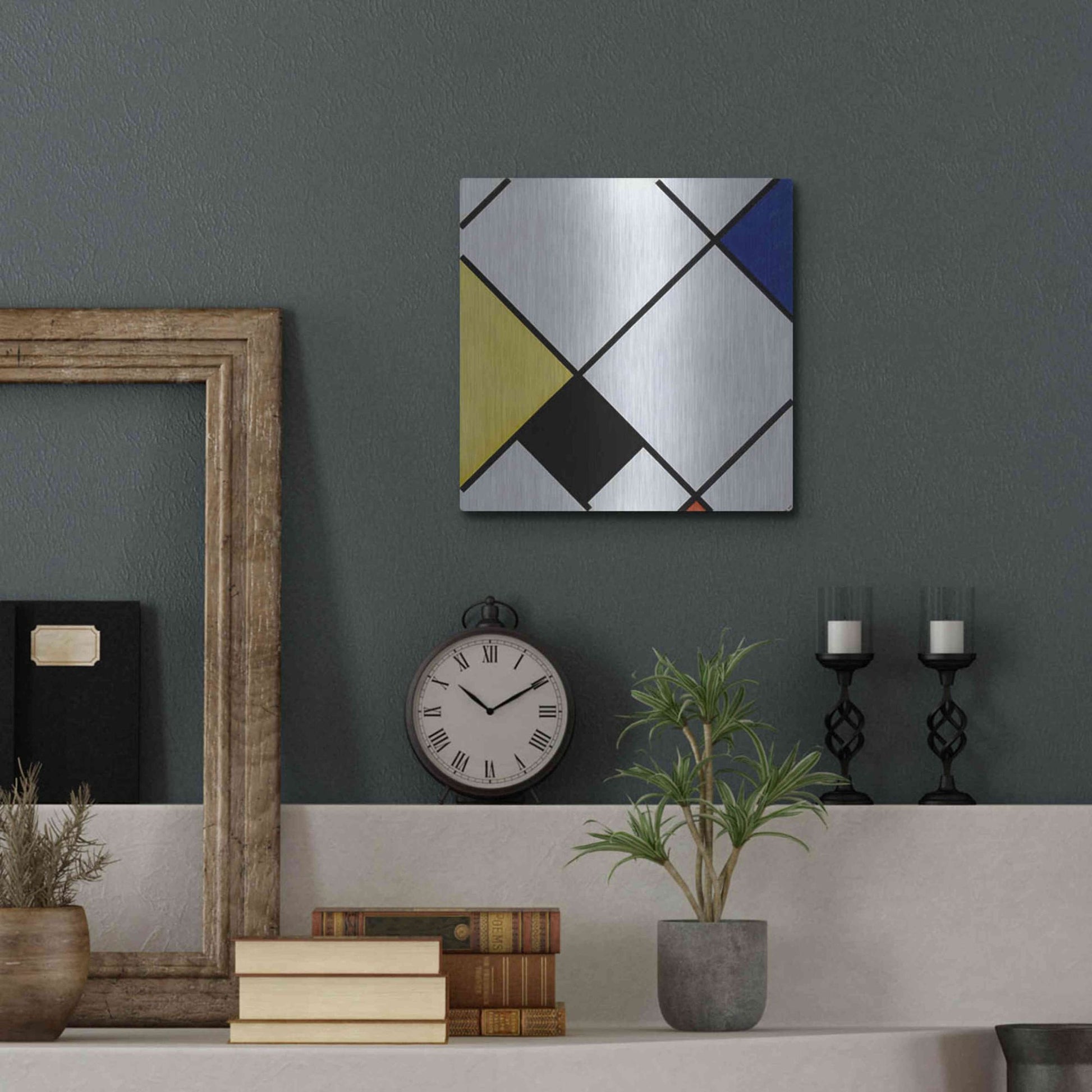 Luxe Metal Art 'Lozenge Composition with Yellow, Black, Blue, Red, and Gray, 1921' by Piet Mondrian, Metal Wall Art,12x12