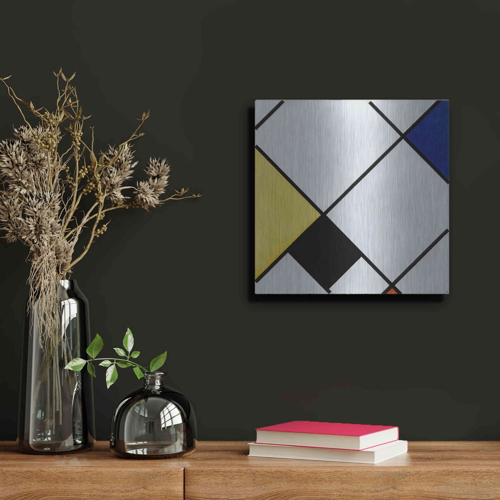 Luxe Metal Art 'Lozenge Composition with Yellow, Black, Blue, Red, and Gray, 1921' by Piet Mondrian, Metal Wall Art,12x12