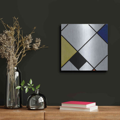 Luxe Metal Art 'Lozenge Composition with Yellow, Black, Blue, Red, and Gray, 1921' by Piet Mondrian, Metal Wall Art,12x12