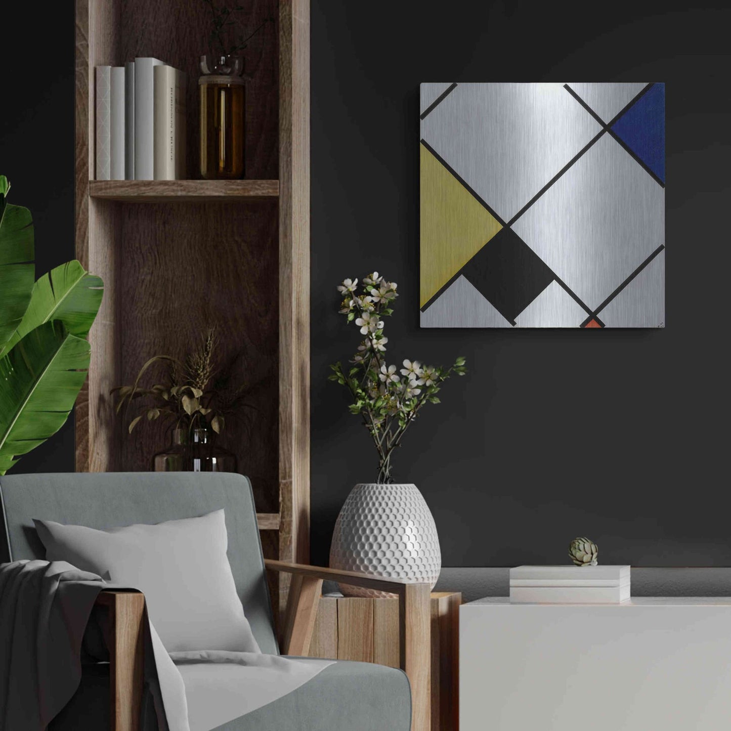 Luxe Metal Art 'Lozenge Composition with Yellow, Black, Blue, Red, and Gray, 1921' by Piet Mondrian, Metal Wall Art,24x24