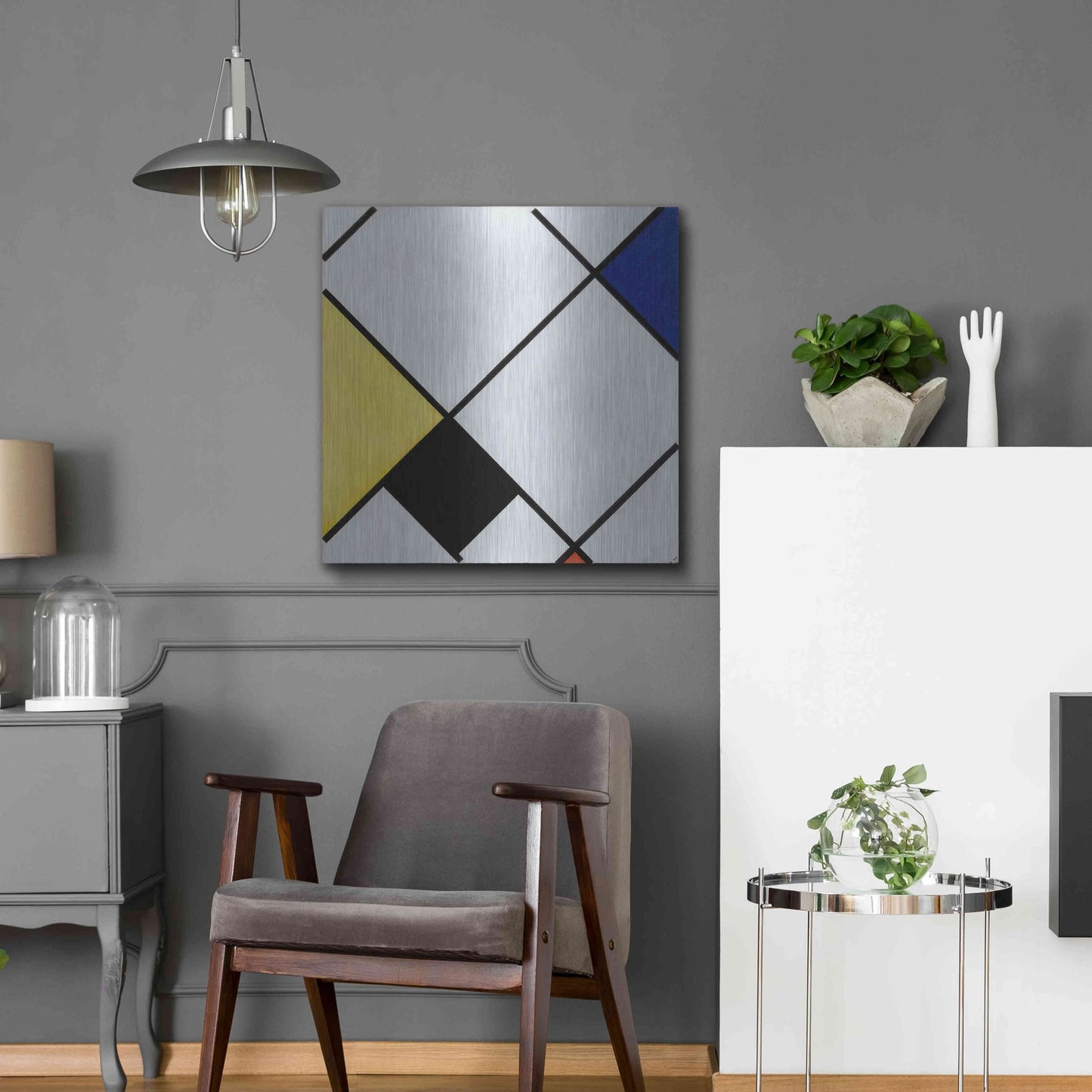 Luxe Metal Art 'Lozenge Composition with Yellow, Black, Blue, Red, and Gray, 1921' by Piet Mondrian, Metal Wall Art,24x24