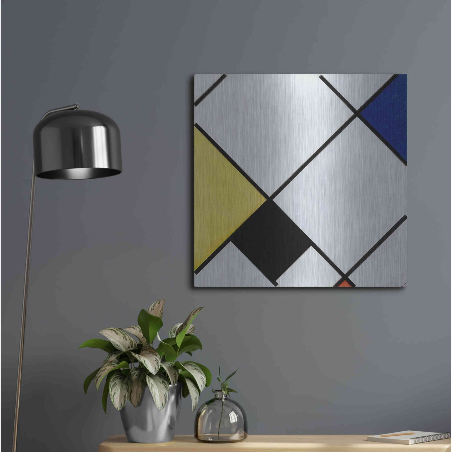Luxe Metal Art 'Lozenge Composition with Yellow, Black, Blue, Red, and Gray, 1921' by Piet Mondrian, Metal Wall Art,24x24