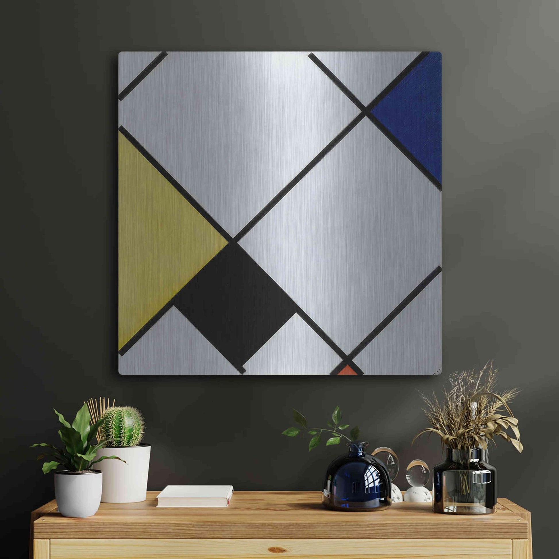 Luxe Metal Art 'Lozenge Composition with Yellow, Black, Blue, Red, and Gray, 1921' by Piet Mondrian, Metal Wall Art,24x24