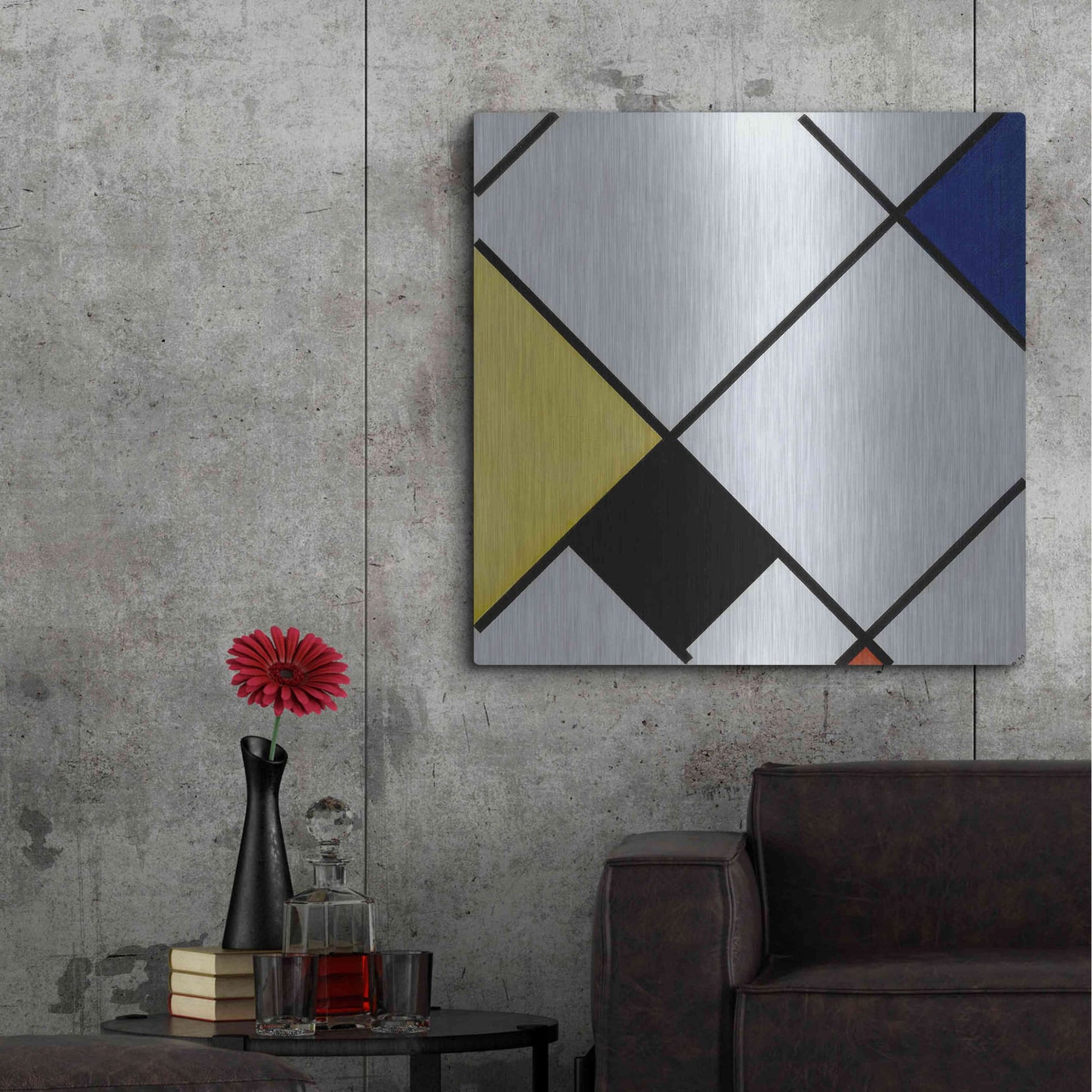 Luxe Metal Art 'Lozenge Composition with Yellow, Black, Blue, Red, and Gray, 1921' by Piet Mondrian, Metal Wall Art,36x36