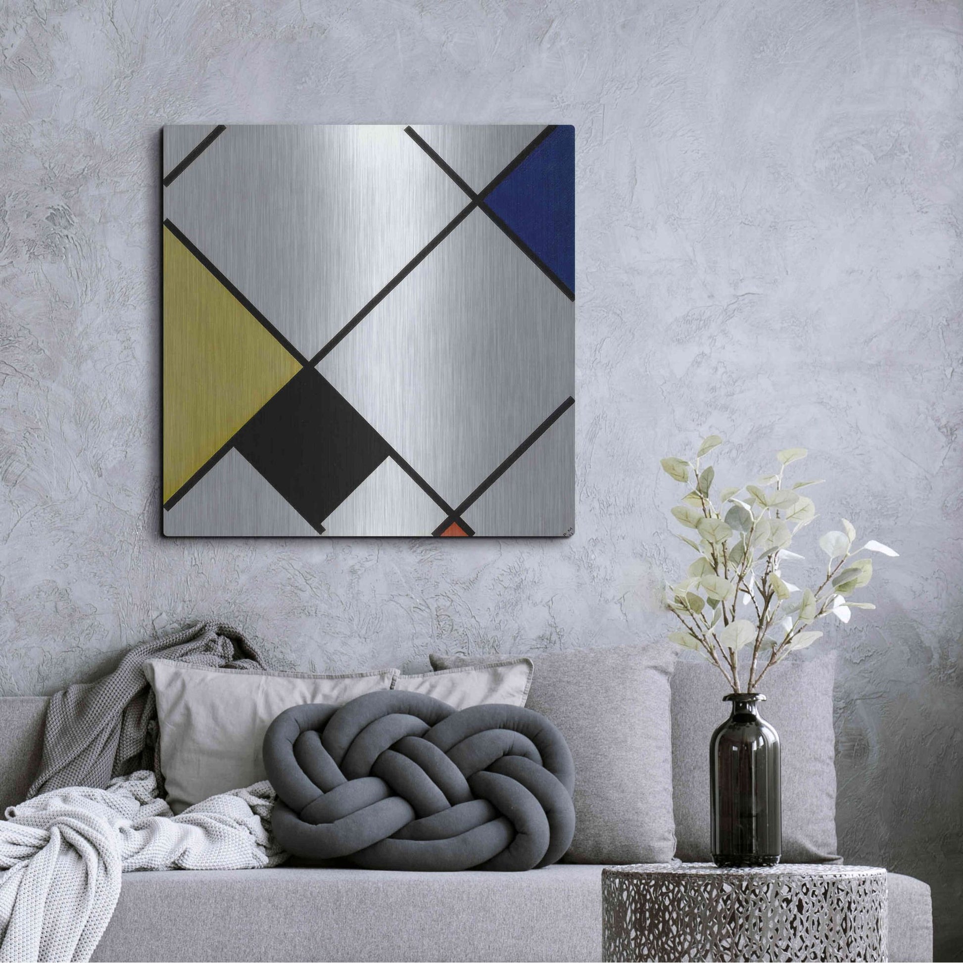 Luxe Metal Art 'Lozenge Composition with Yellow, Black, Blue, Red, and Gray, 1921' by Piet Mondrian, Metal Wall Art,36x36