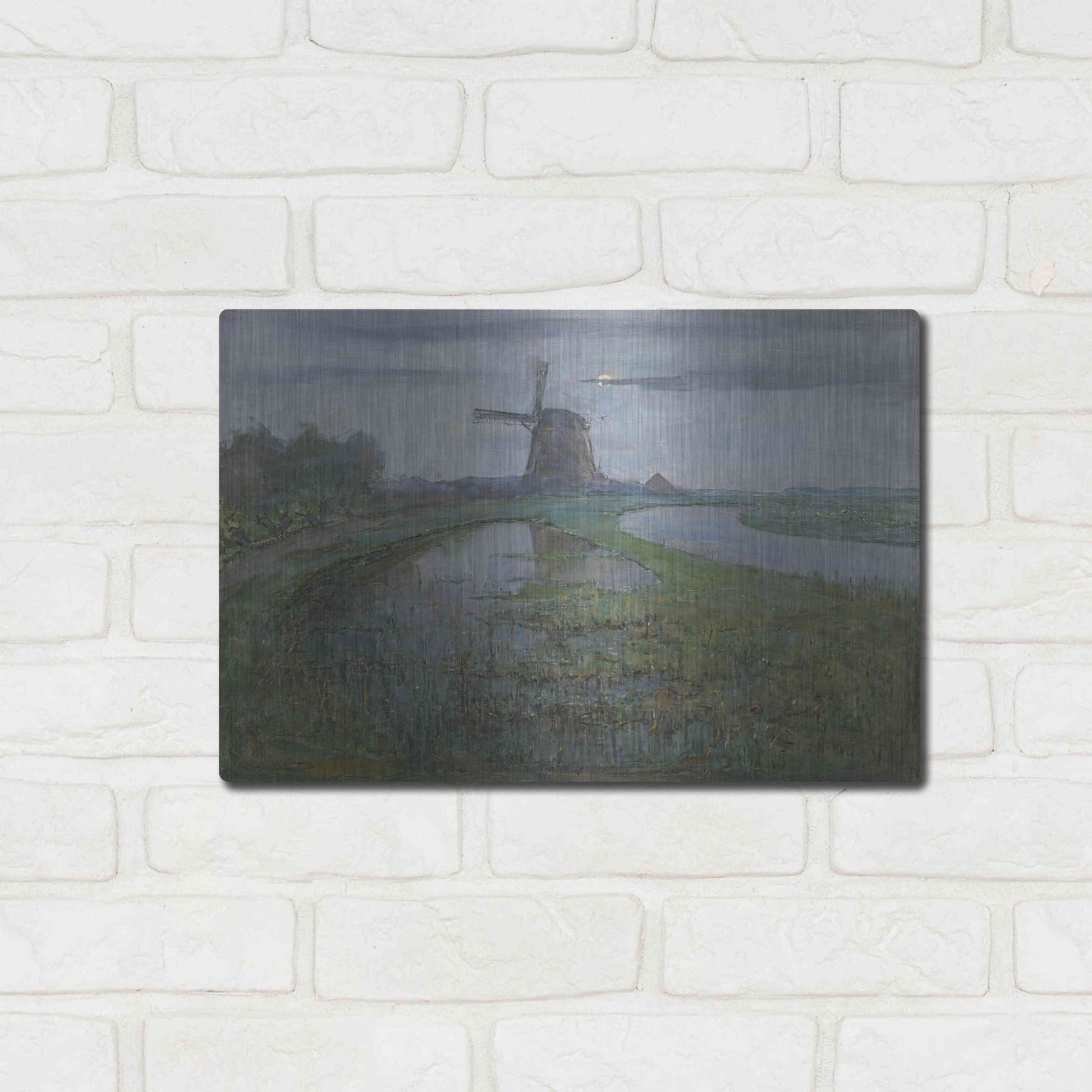Luxe Metal Art 'Oostzijdse Mill along the River Gein by Moonlight, 1903' by Piet Mondrian, Metal Wall Art,16x12