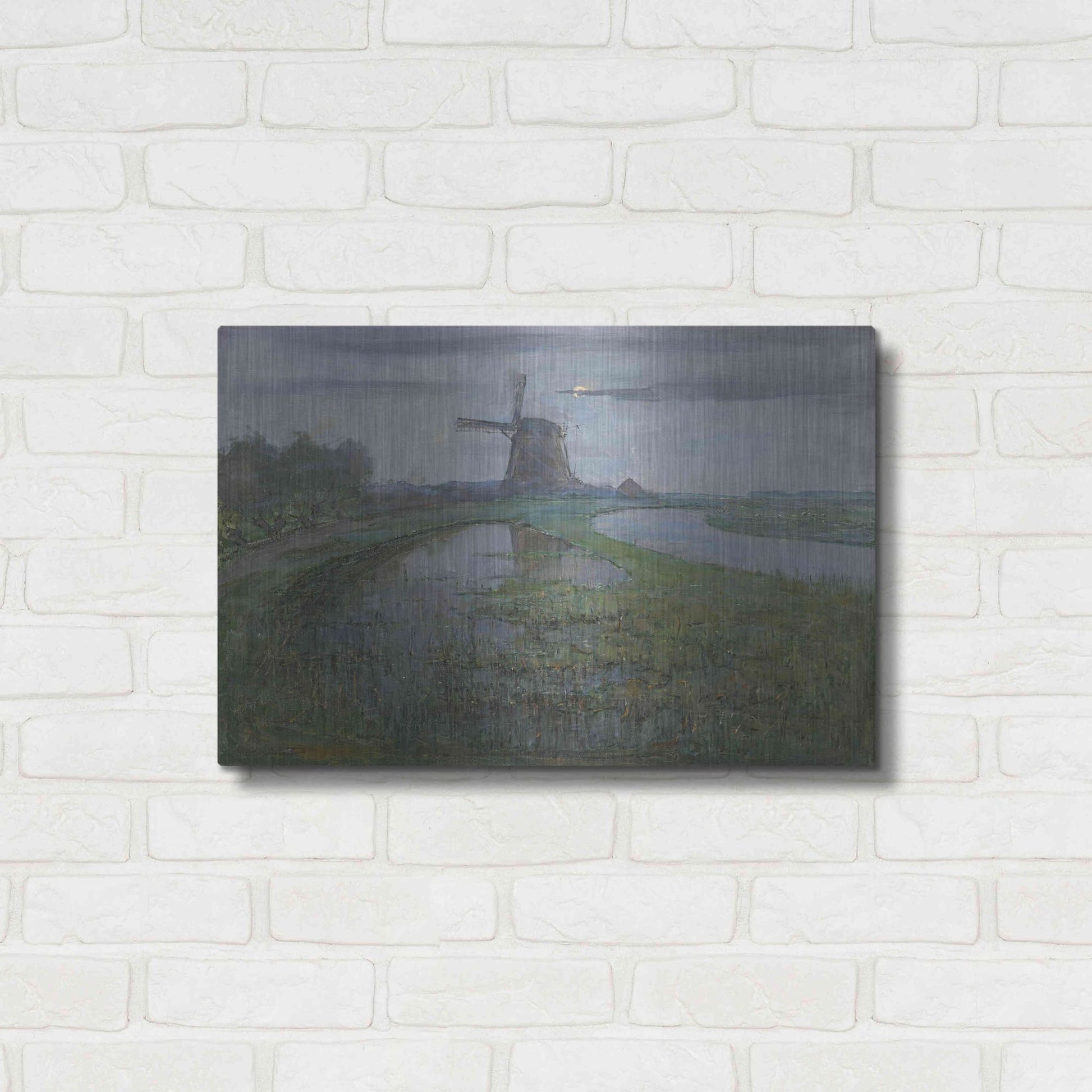 Luxe Metal Art 'Oostzijdse Mill along the River Gein by Moonlight, 1903' by Piet Mondrian, Metal Wall Art,24x16