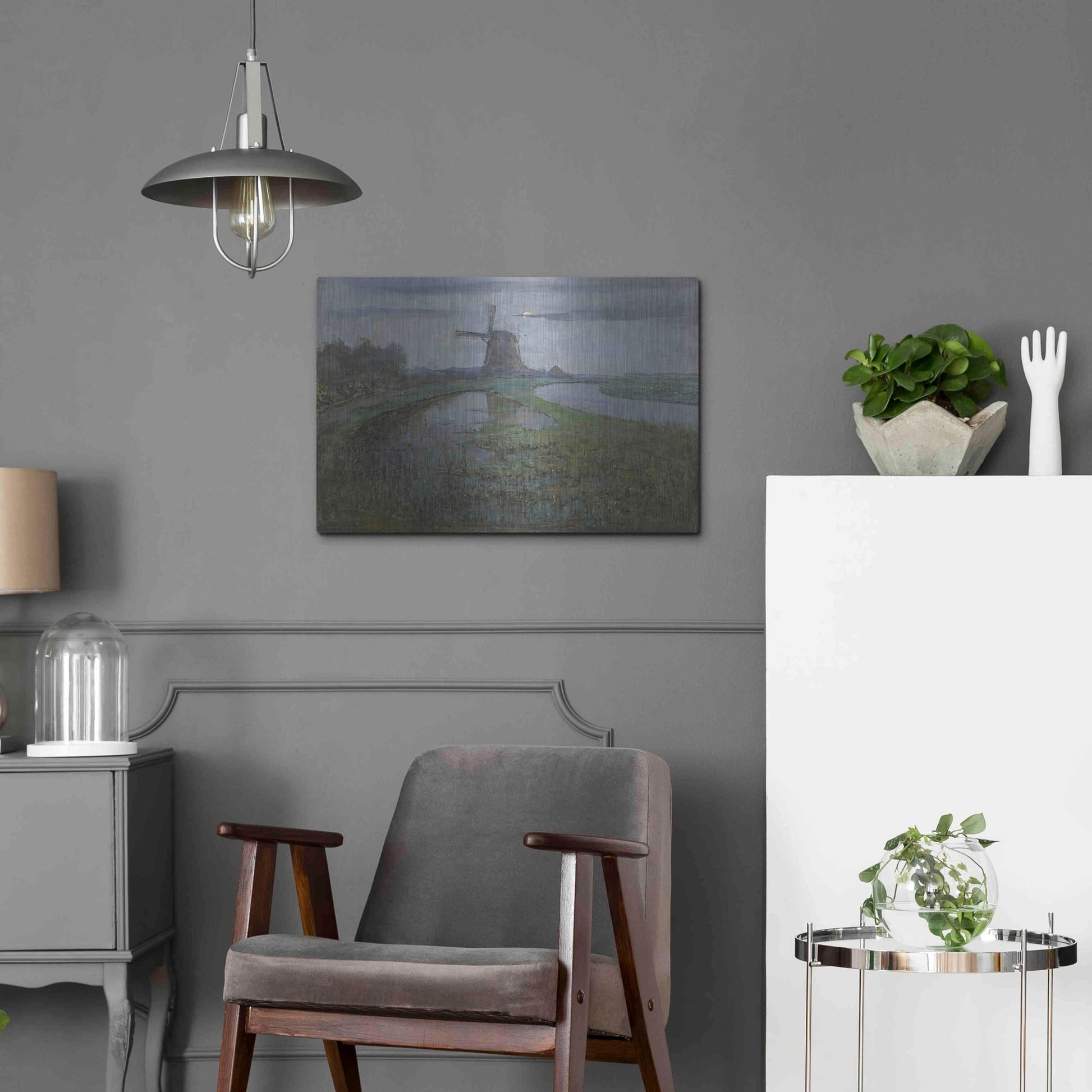 Luxe Metal Art 'Oostzijdse Mill along the River Gein by Moonlight, 1903' by Piet Mondrian, Metal Wall Art,24x16