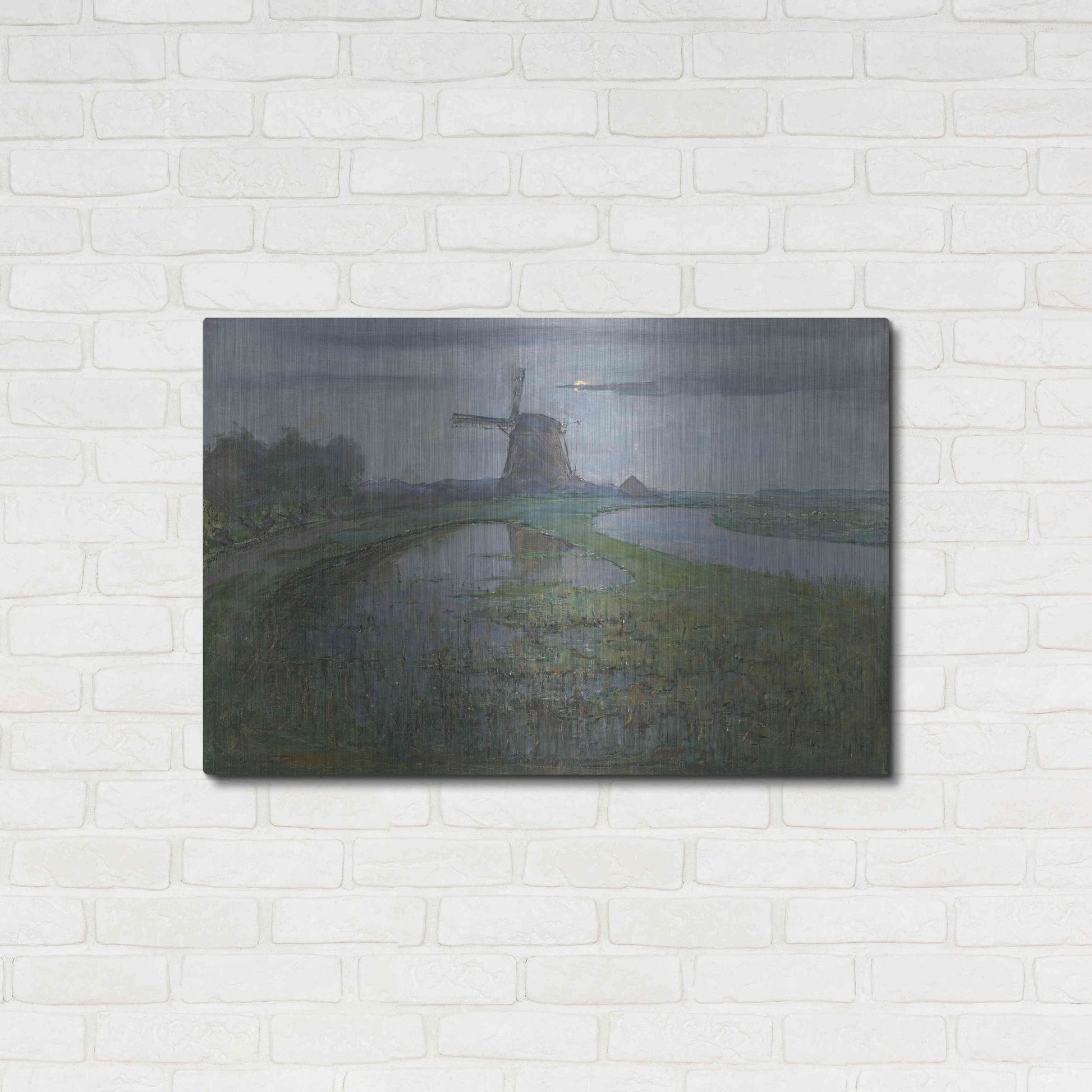 Luxe Metal Art 'Oostzijdse Mill along the River Gein by Moonlight, 1903' by Piet Mondrian, Metal Wall Art,36x24