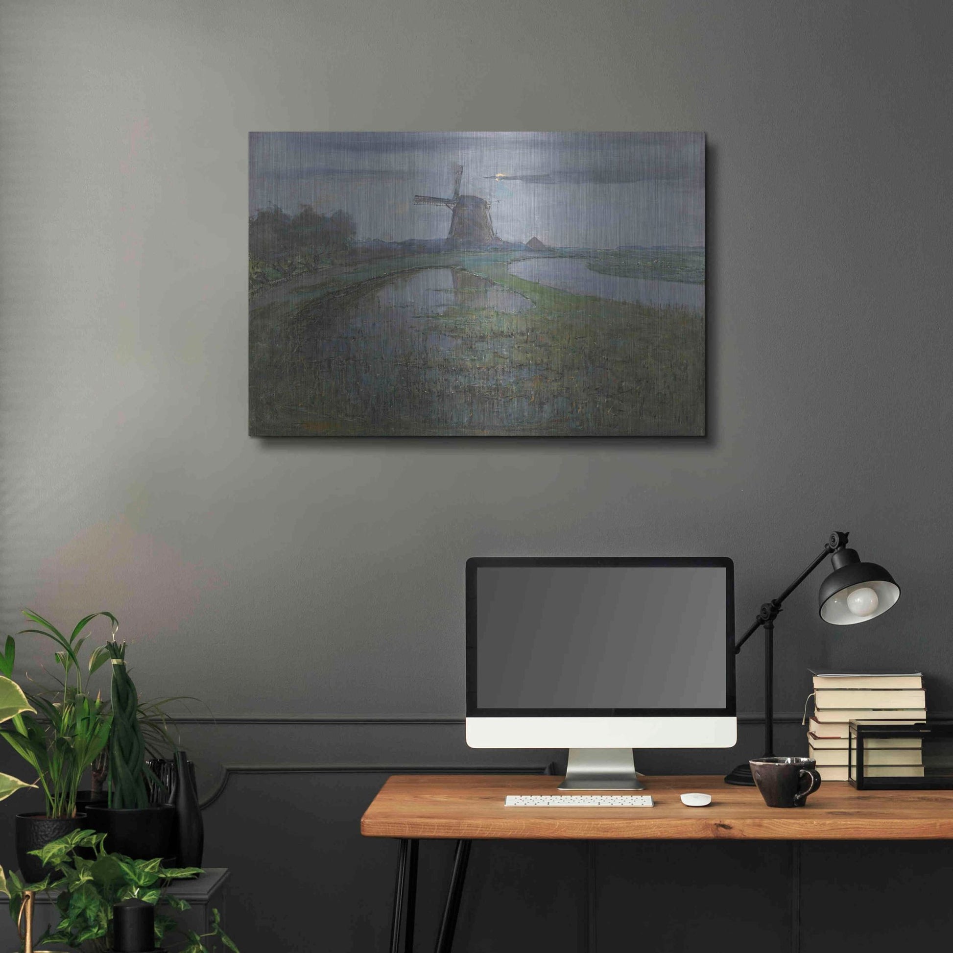 Luxe Metal Art 'Oostzijdse Mill along the River Gein by Moonlight, 1903' by Piet Mondrian, Metal Wall Art,36x24