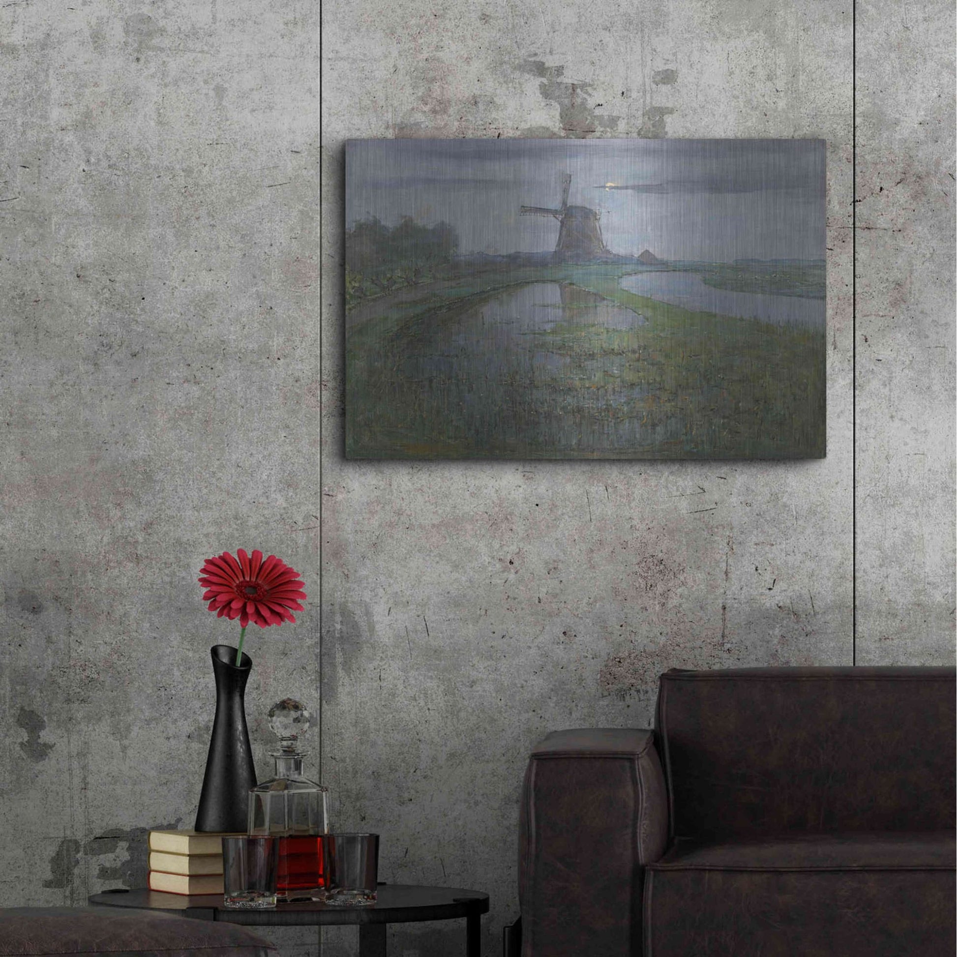 Luxe Metal Art 'Oostzijdse Mill along the River Gein by Moonlight, 1903' by Piet Mondrian, Metal Wall Art,36x24