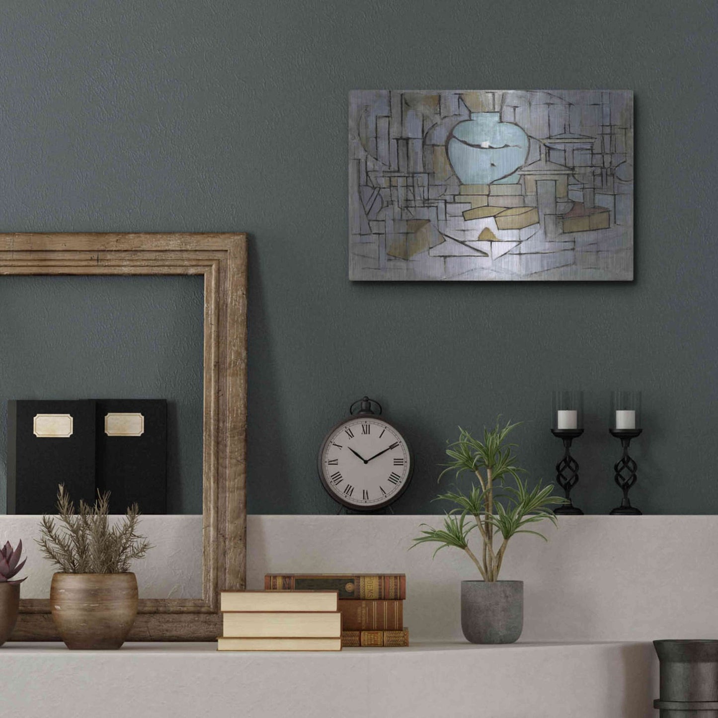 Luxe Metal Art 'Still Life with Gingerpot II, 1912' by Piet Mondrian, Metal Wall Art,16x12