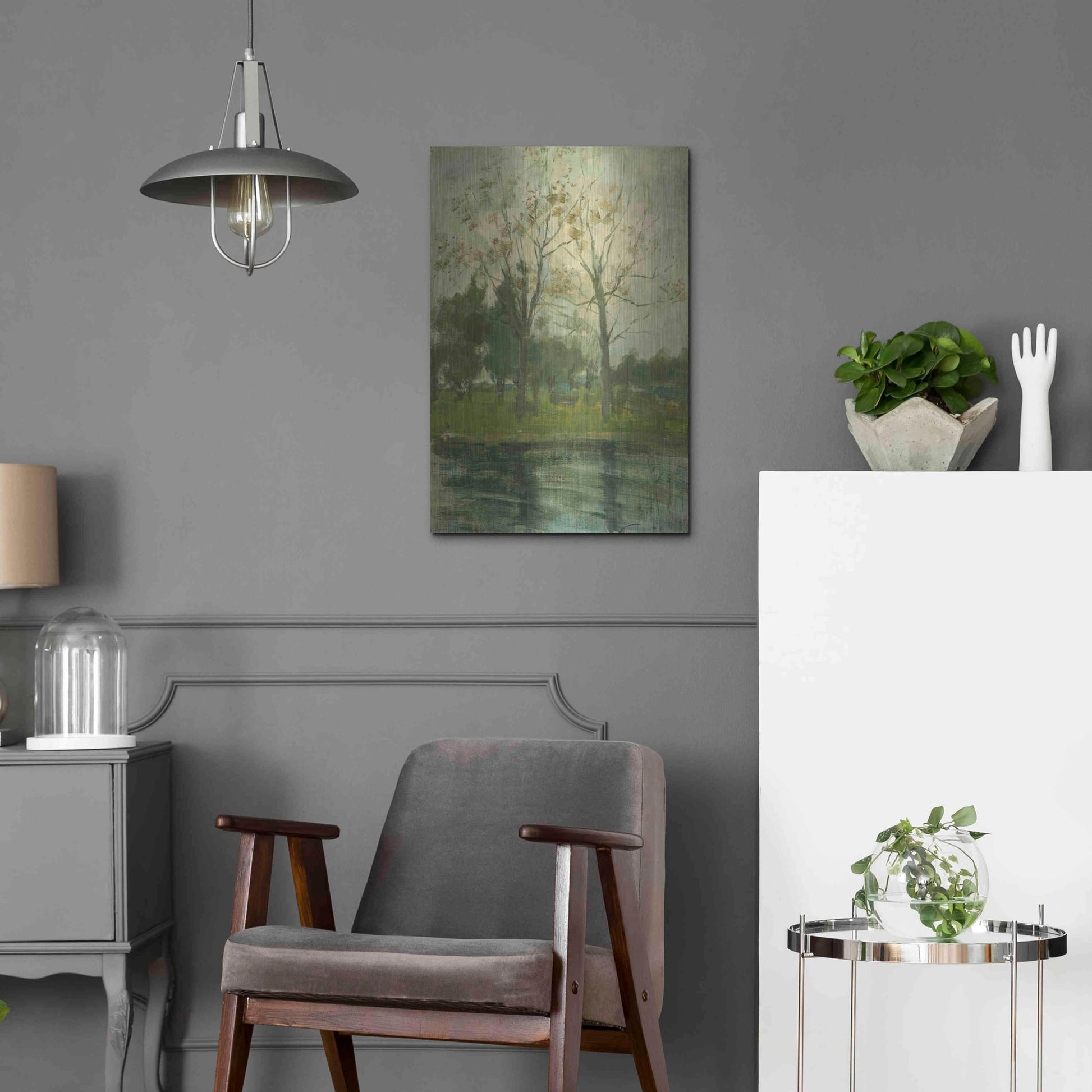 Luxe Metal Art 'Two Trees Silhouetted Behind A Water Course, 1900-02' by Piet Mondrian, Metal Wall Art,16x24