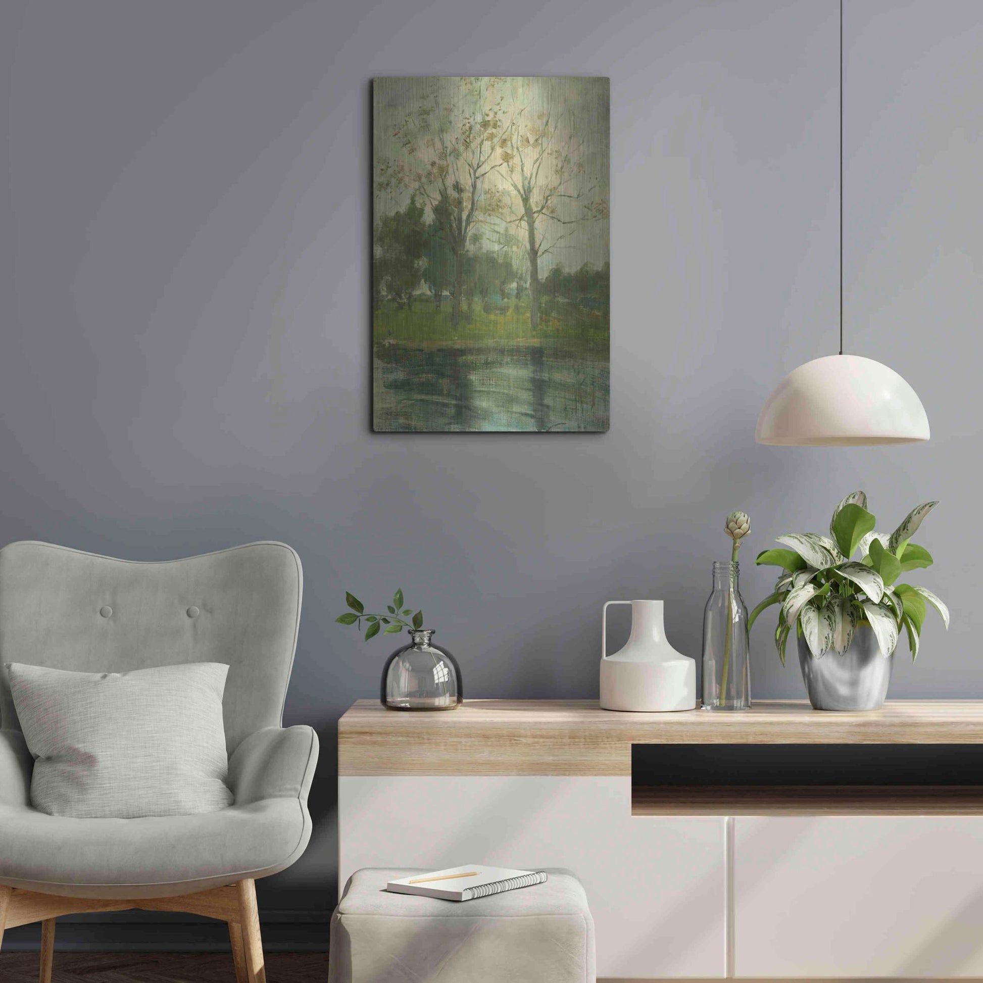 Luxe Metal Art 'Two Trees Silhouetted Behind A Water Course, 1900-02' by Piet Mondrian, Metal Wall Art,16x24