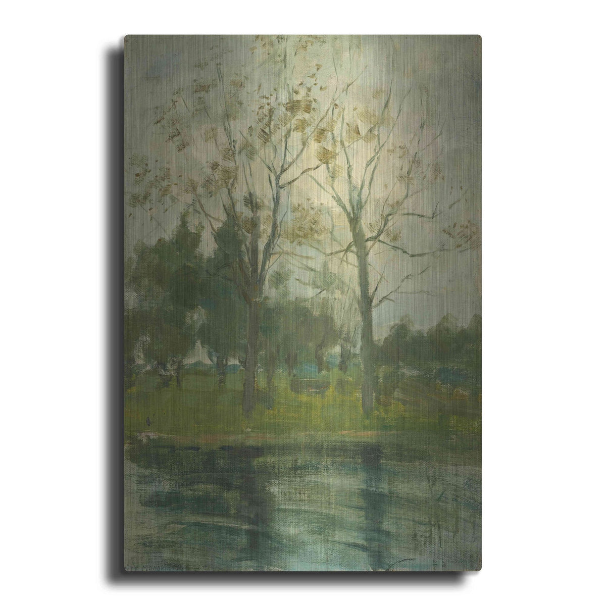 Luxe Metal Art 'Two Trees Silhouetted Behind A Water Course, 1900-02' by Piet Mondrian, Metal Wall Art