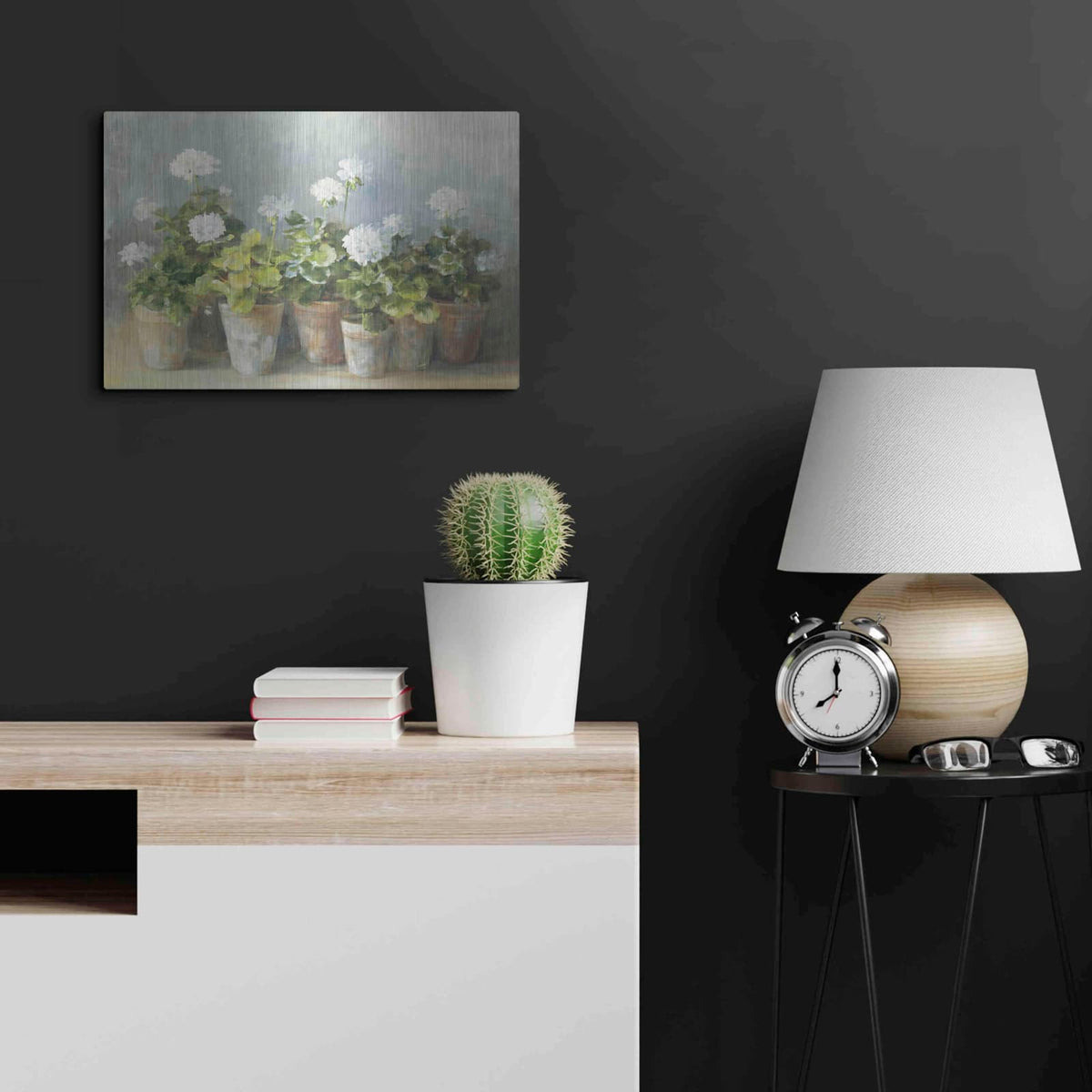 'White Geraniums Crop' by Danhui Nai – Metal Wall Art, 24x16 room view