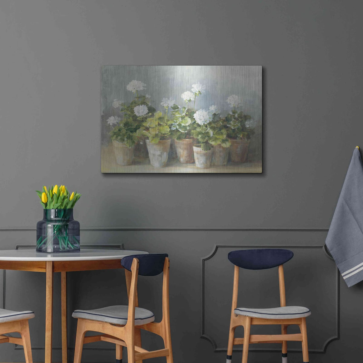 'White Geraniums Crop' by Danhui Nai – Metal Wall Art, 36x24 room view