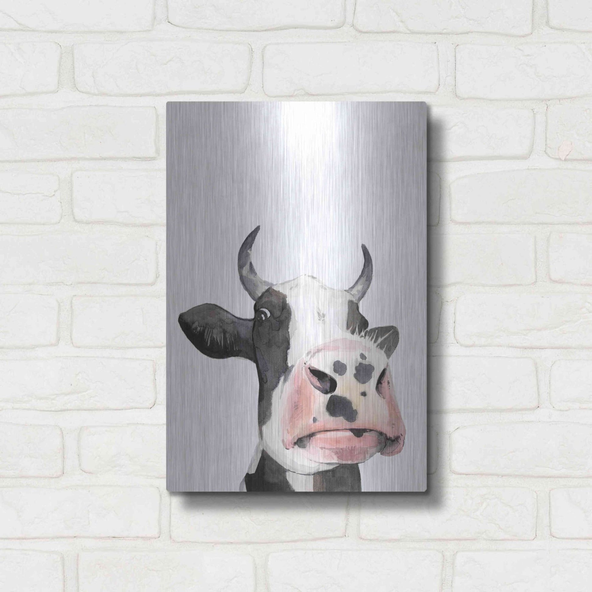 Luxe Metal Art 'Watercolor Cow Portrait I' by Grace Popp, Metal Wall Art,12x16