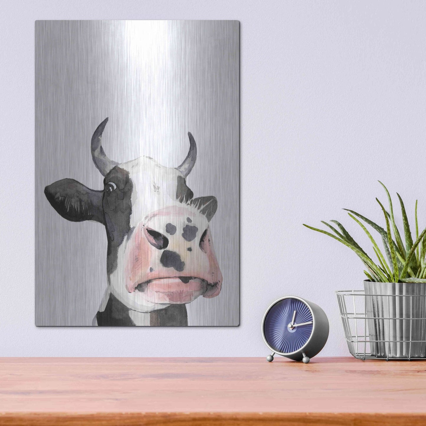 Luxe Metal Art 'Watercolor Cow Portrait I' by Grace Popp, Metal Wall Art,12x16
