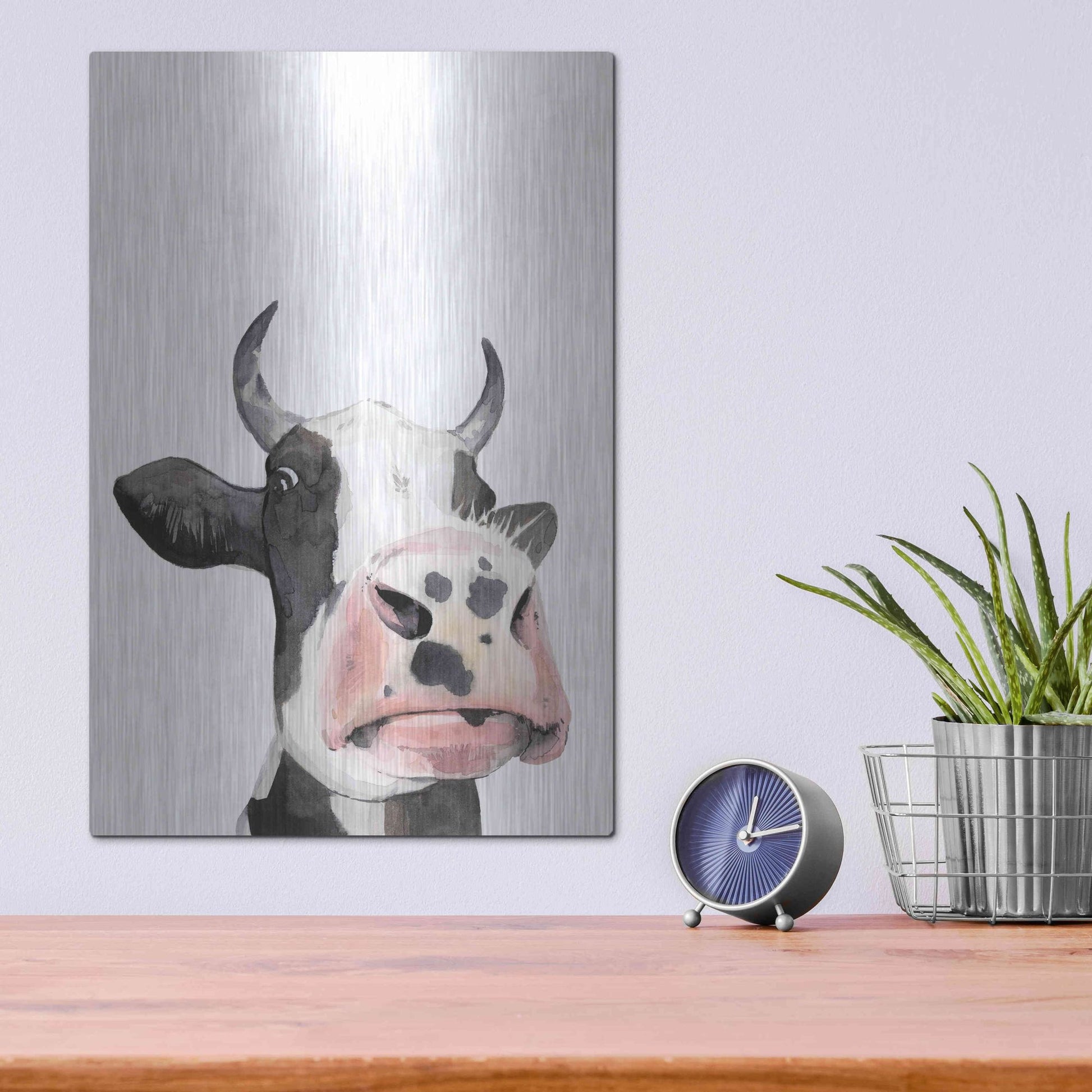 Luxe Metal Art 'Watercolor Cow Portrait I' by Grace Popp, Metal Wall Art,12x16