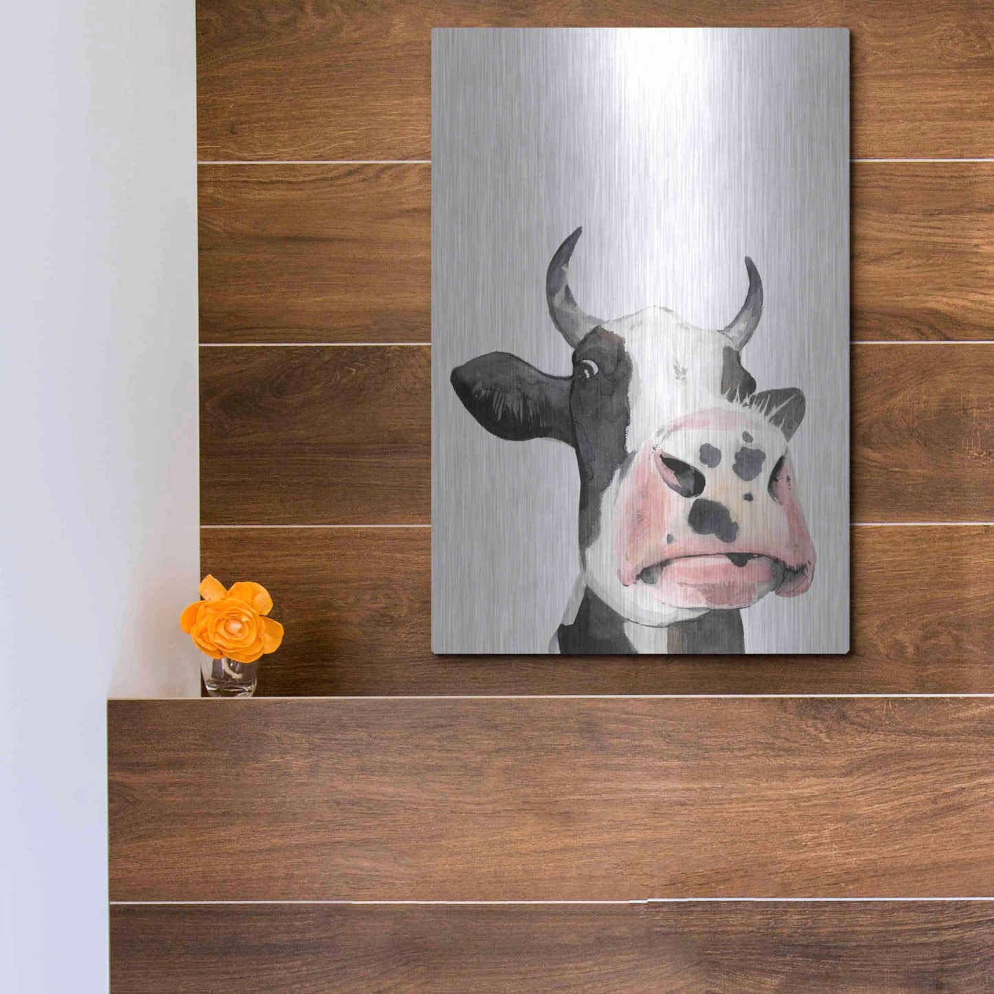 Luxe Metal Art 'Watercolor Cow Portrait I' by Grace Popp, Metal Wall Art,12x16
