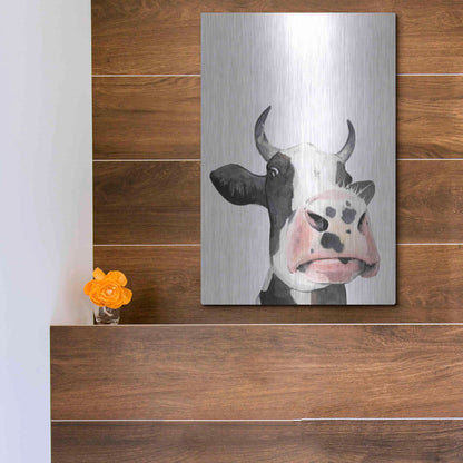 Luxe Metal Art 'Watercolor Cow Portrait I' by Grace Popp, Metal Wall Art,12x16