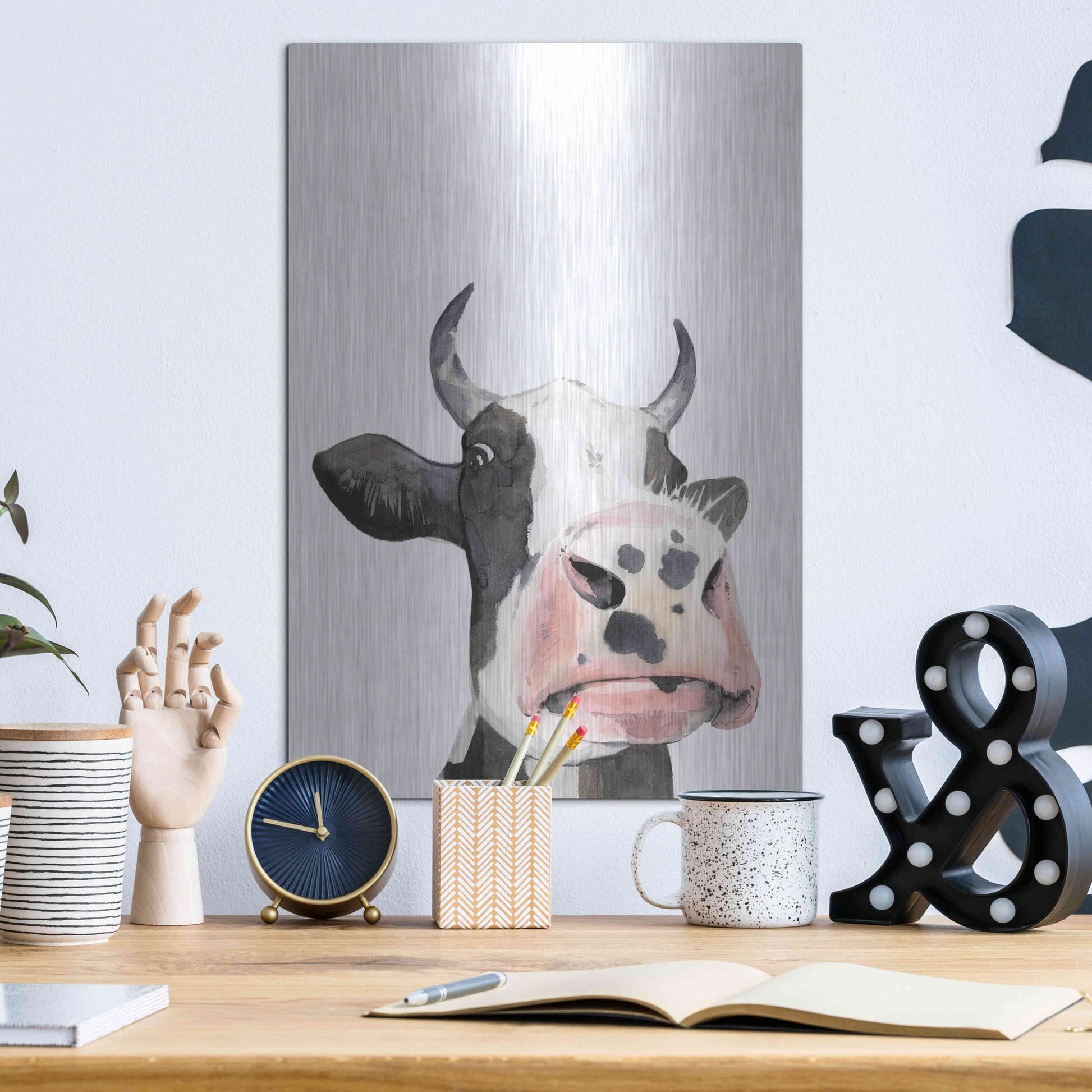 Luxe Metal Art 'Watercolor Cow Portrait I' by Grace Popp, Metal Wall Art,12x16