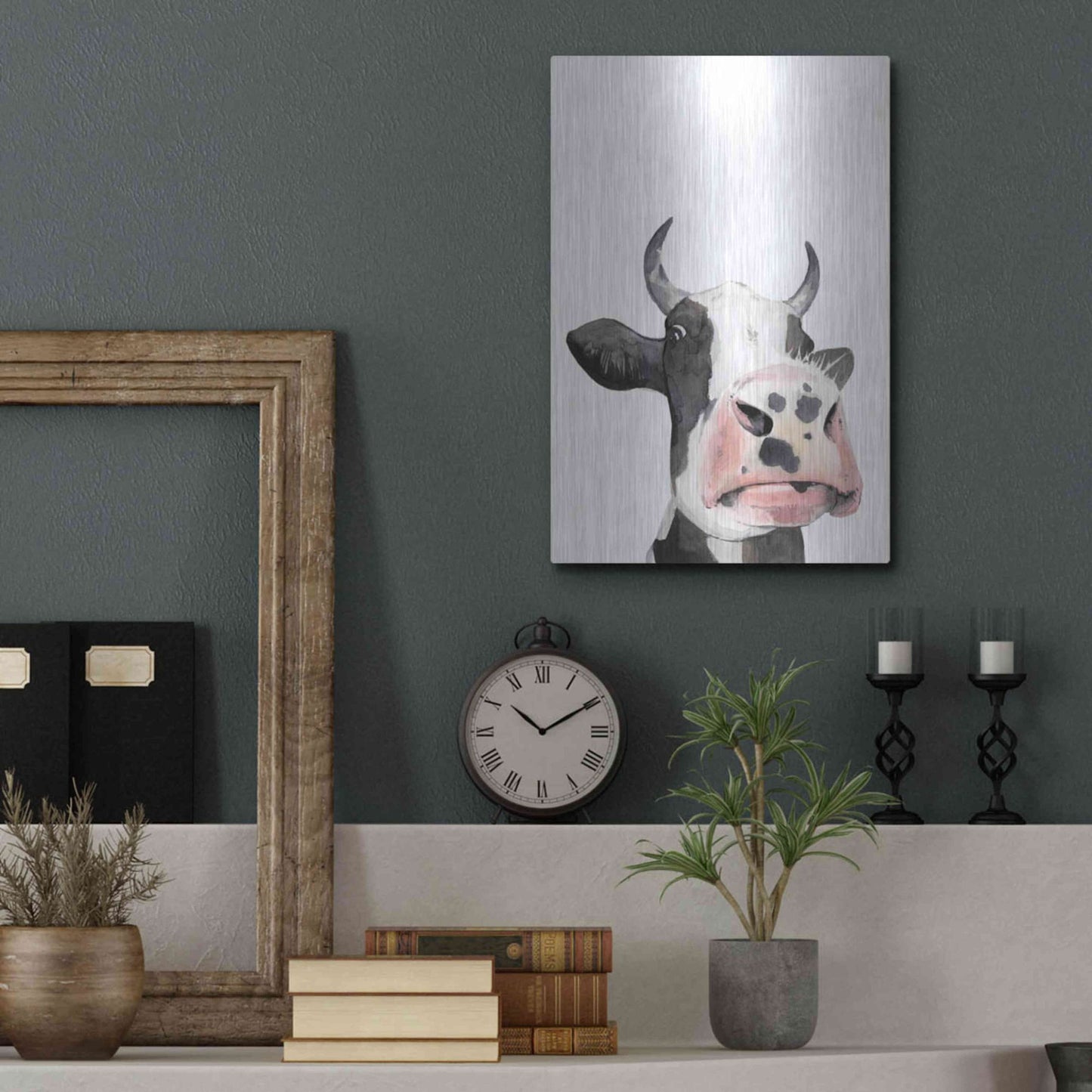 Luxe Metal Art 'Watercolor Cow Portrait I' by Grace Popp, Metal Wall Art,12x16
