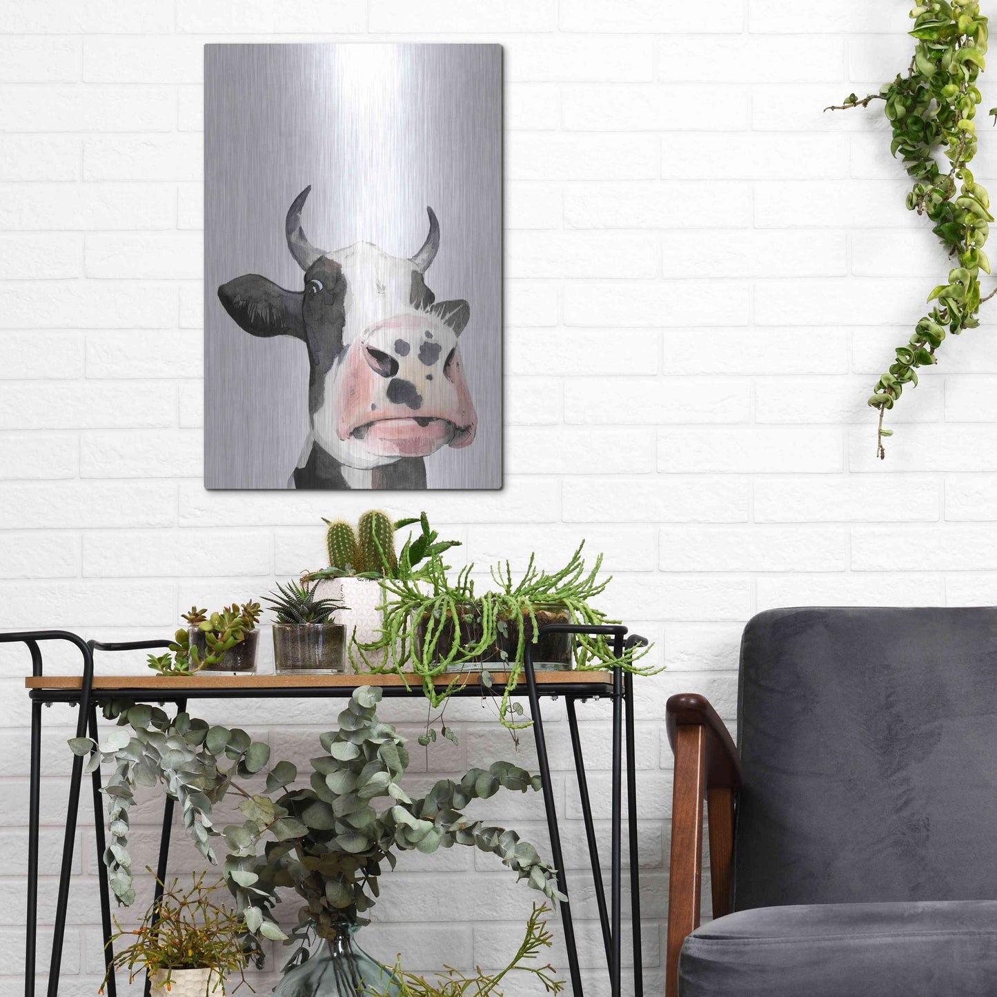 Luxe Metal Art 'Watercolor Cow Portrait I' by Grace Popp, Metal Wall Art,12x16