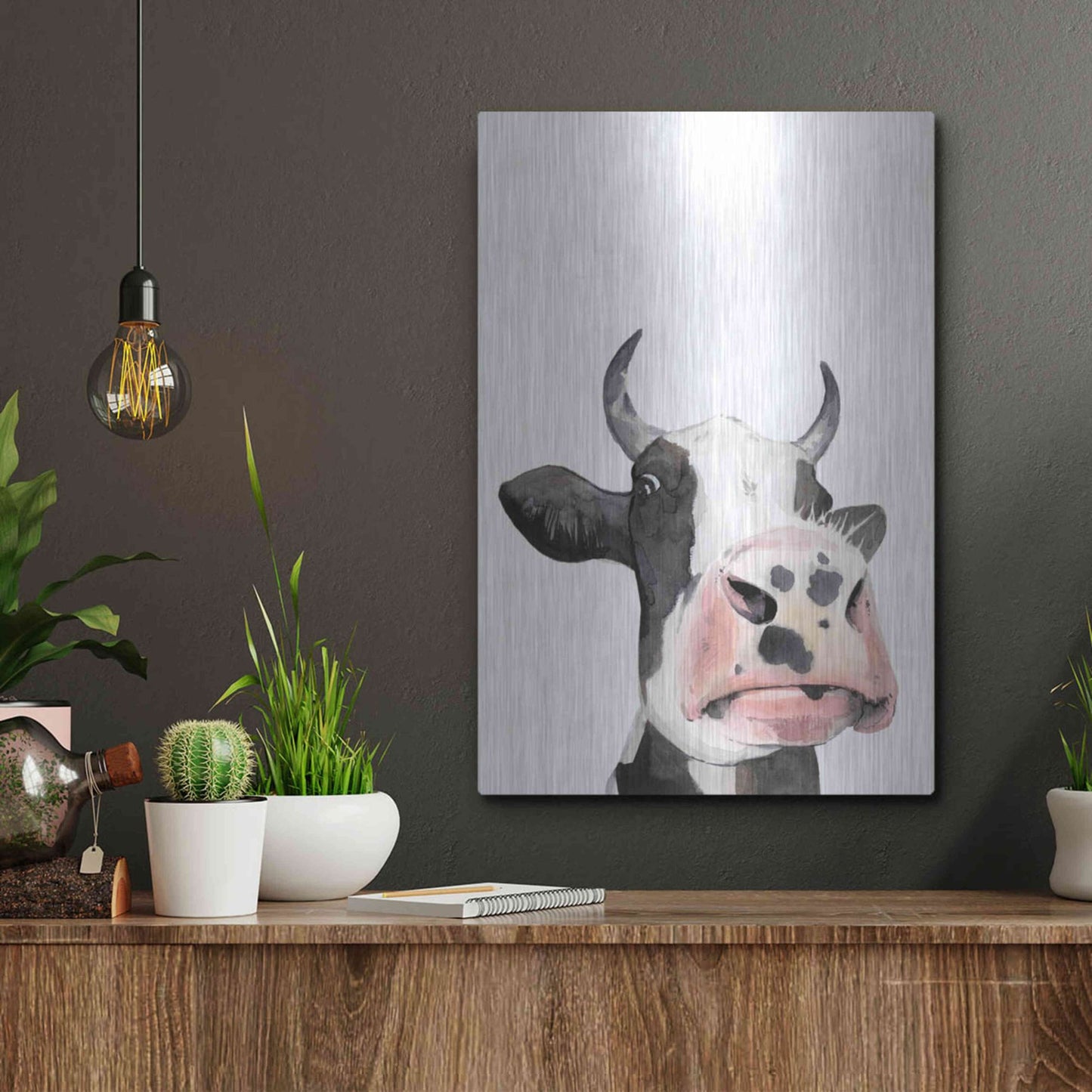 Luxe Metal Art 'Watercolor Cow Portrait I' by Grace Popp, Metal Wall Art,12x16