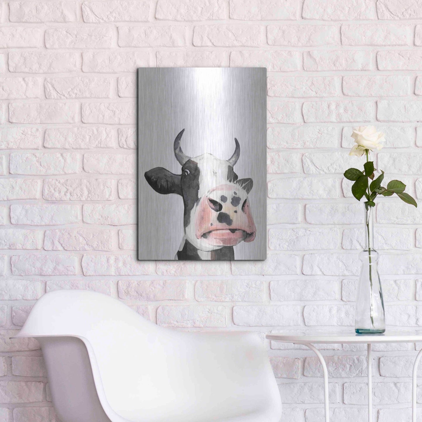 Luxe Metal Art 'Watercolor Cow Portrait I' by Grace Popp, Metal Wall Art,16x24